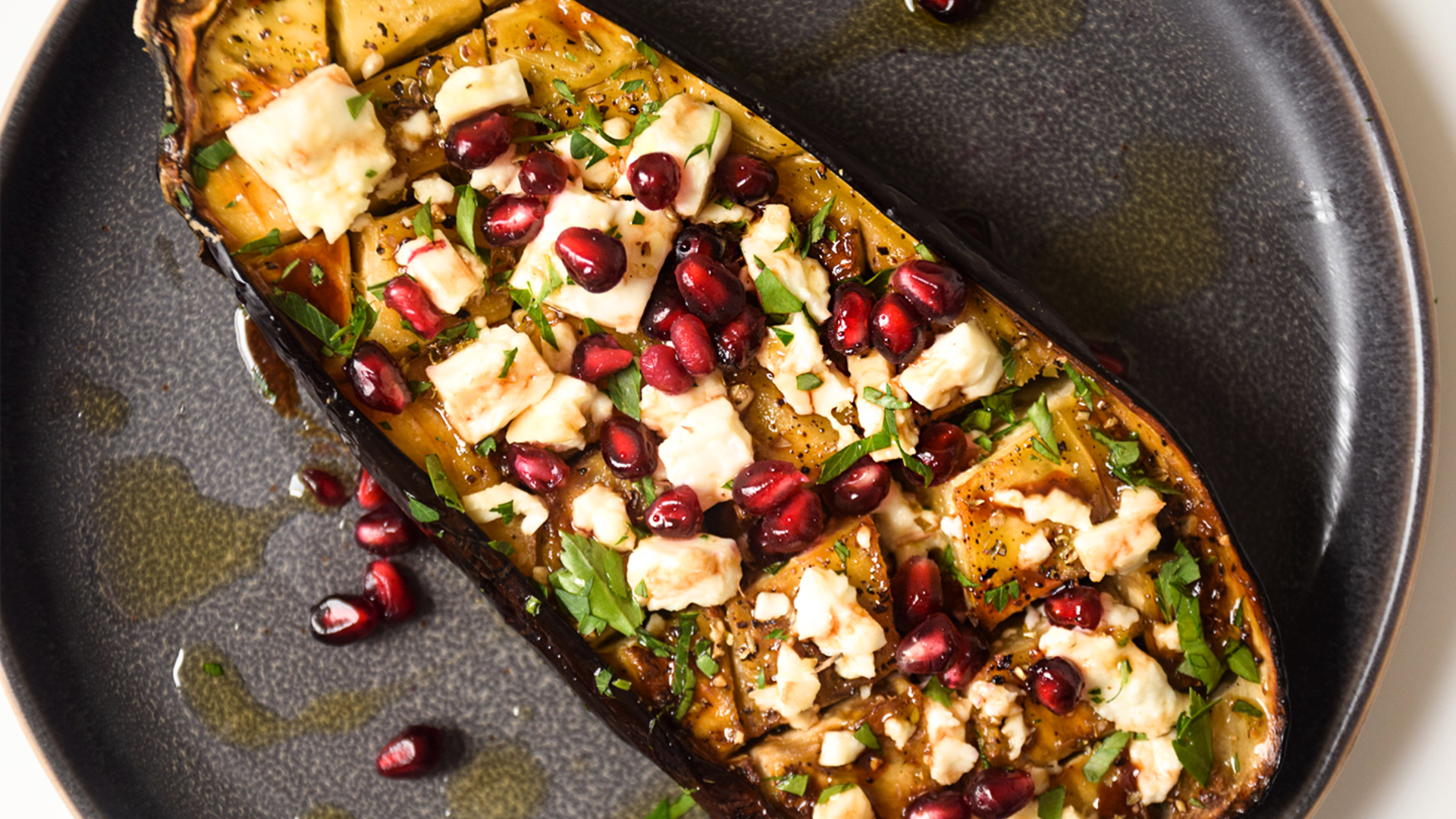 Spiced Lentil-Stuffed Eggplant with Pomegranate Molasses
