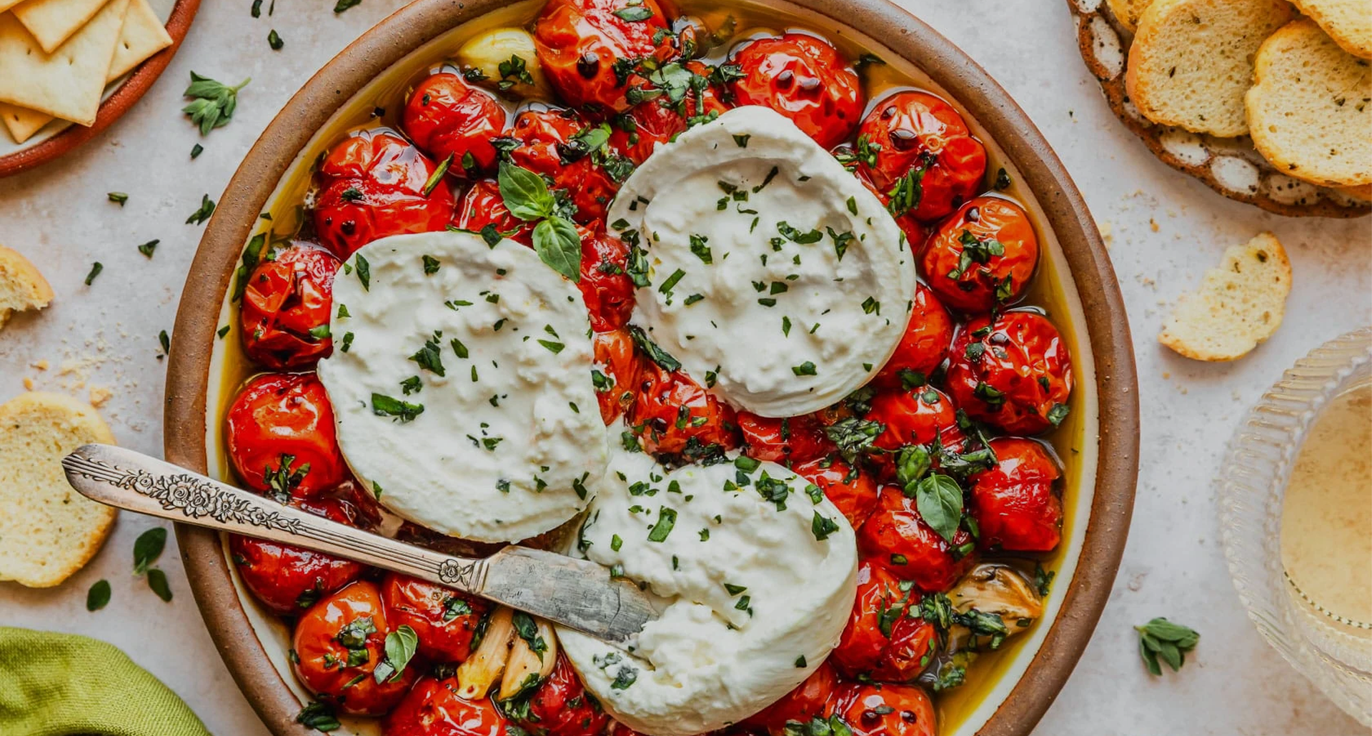 Roasted Tomato Burrata Dip with Garlic Bread Crostinis
