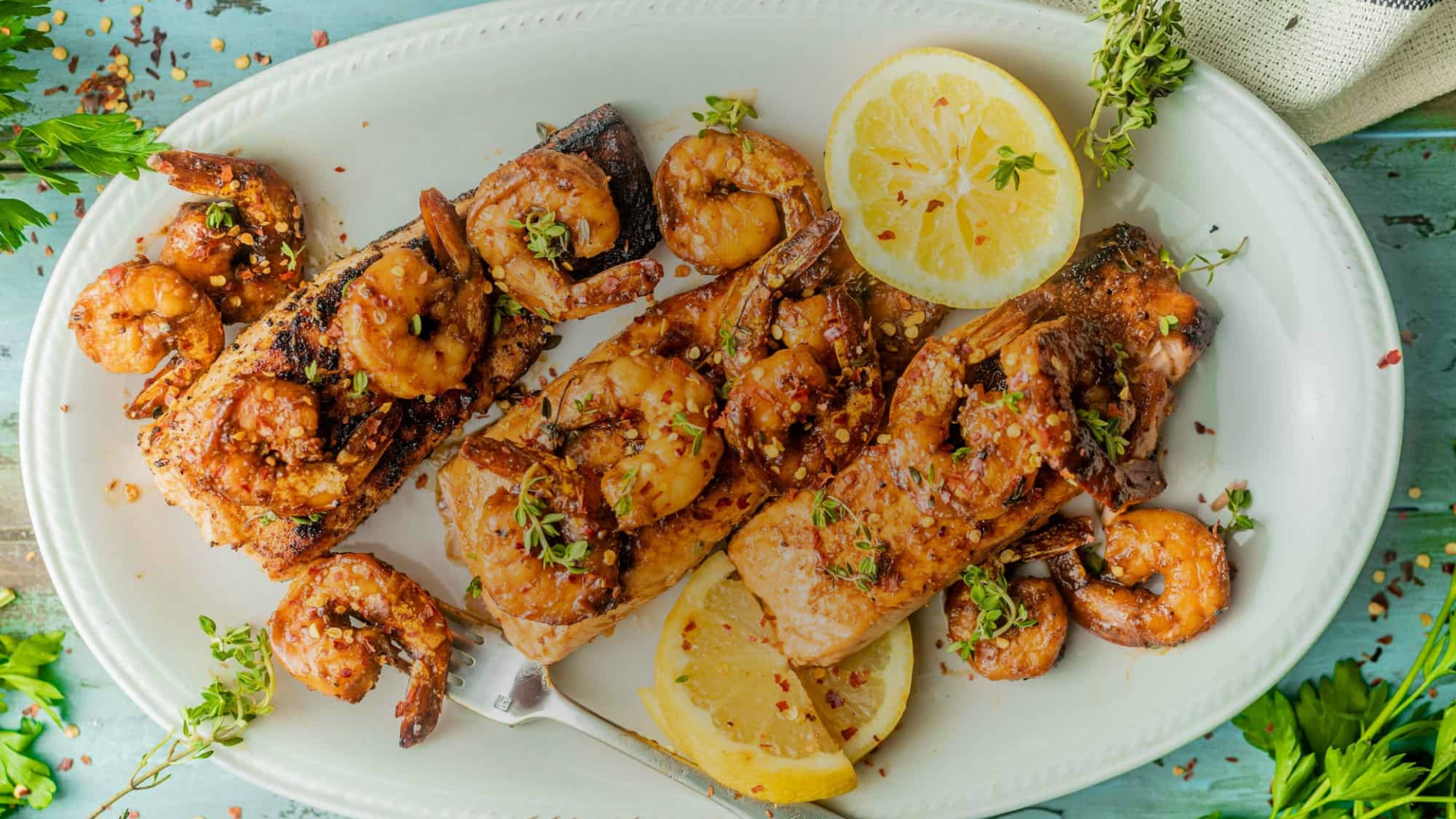 Honey Orange Salmon and Smokey Garlic Butter Shrimp