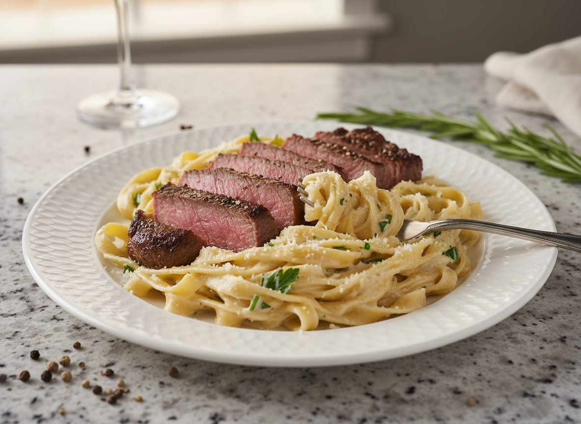 Steak with Creamy Garlic Parmesan Fettuccine