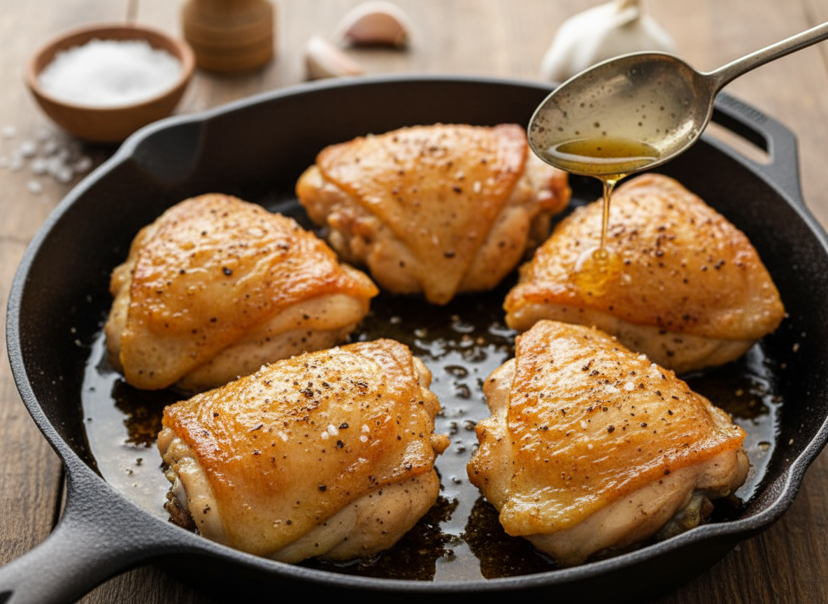 Crispy Chicken Thighs in Pan Drippings