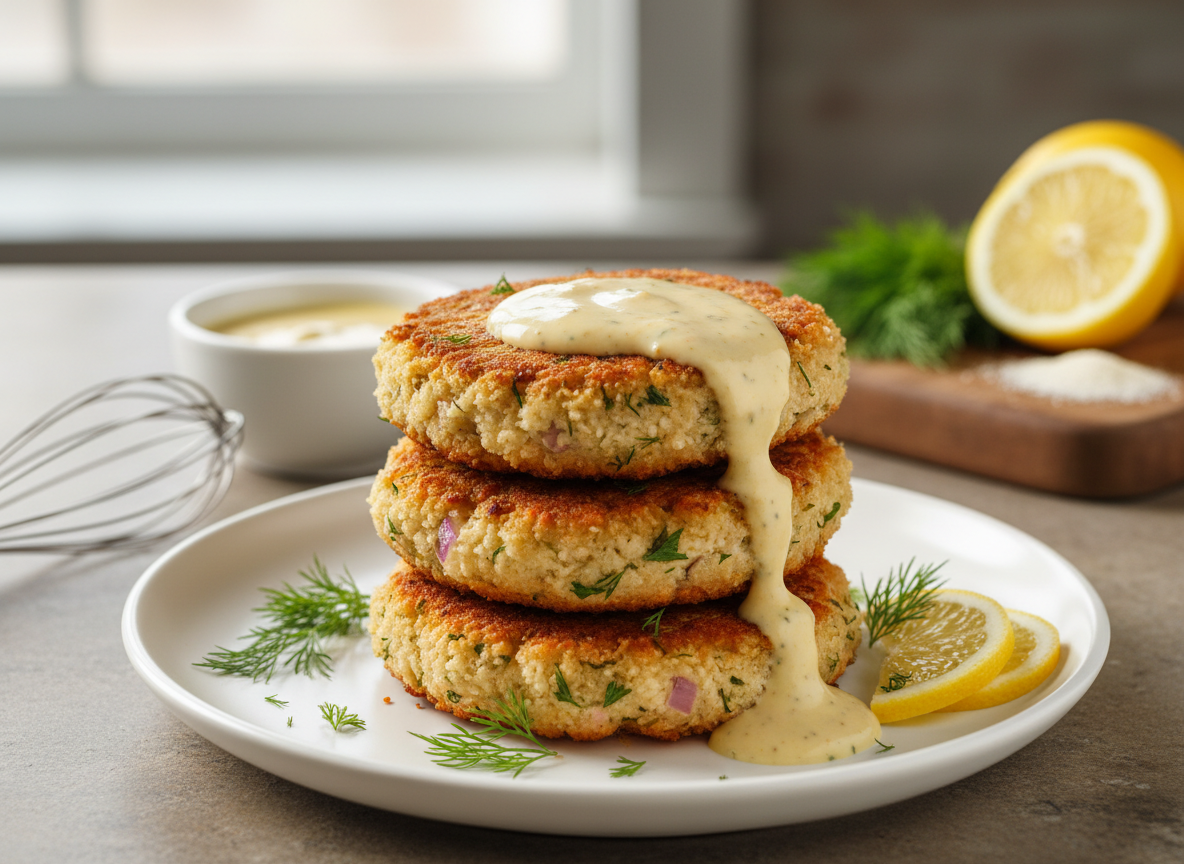 Lemon Dill Salmon Cakes with Creamy Dijon Sauce