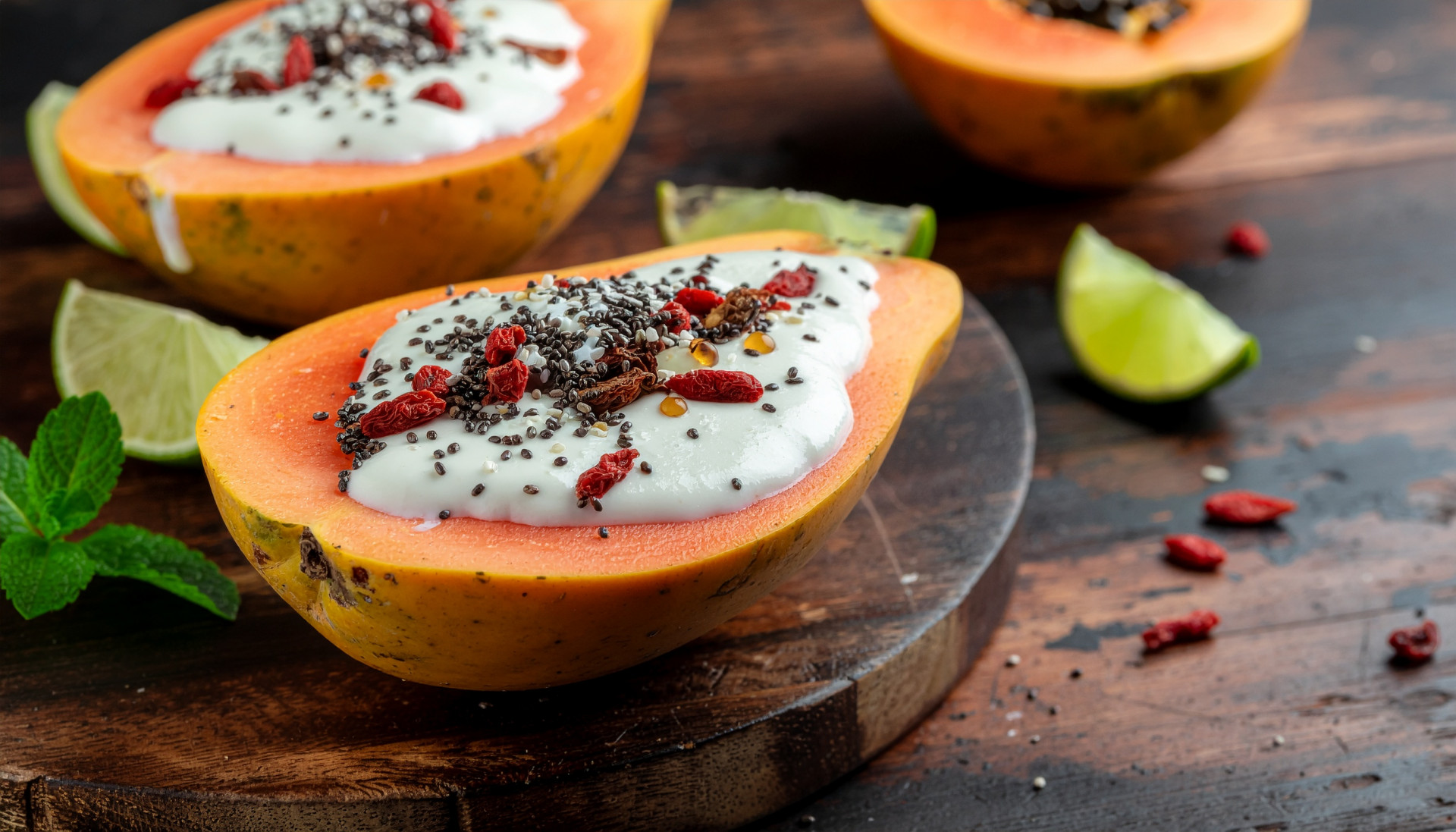 Papaya boat with yogurt and toppings
