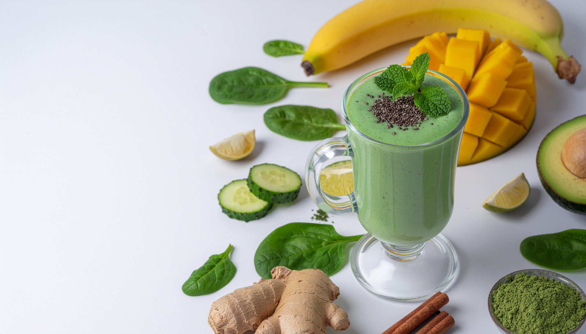 Green smoothie with cacao nibs