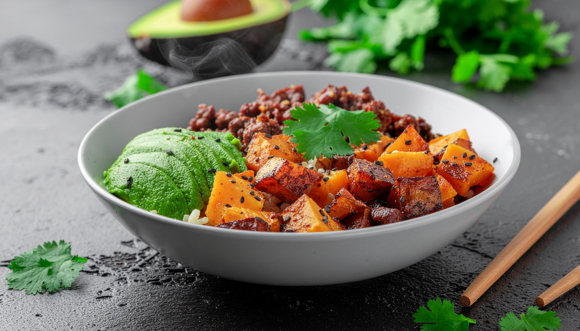 Sweet potato ground beef bowl with avocado