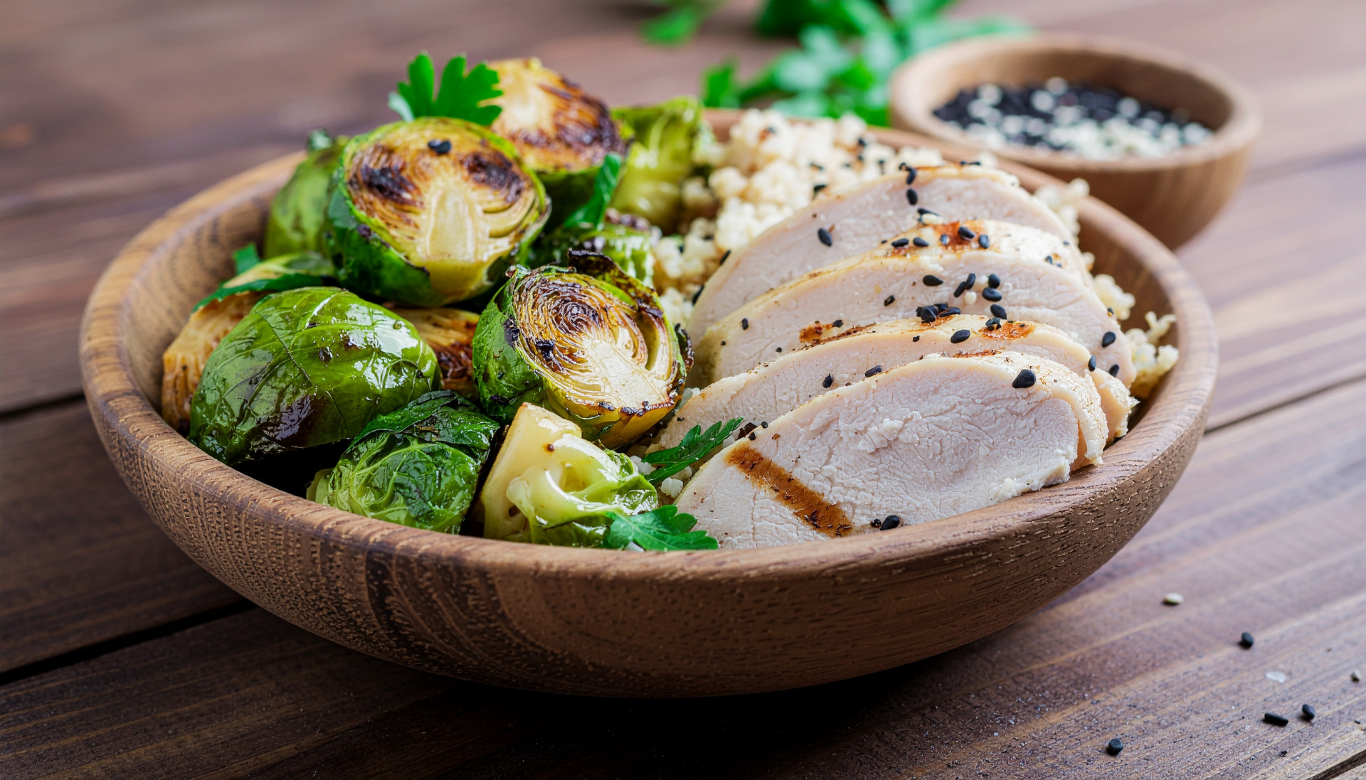 Chicken quinoa bowl with roasted Brussels sprouts