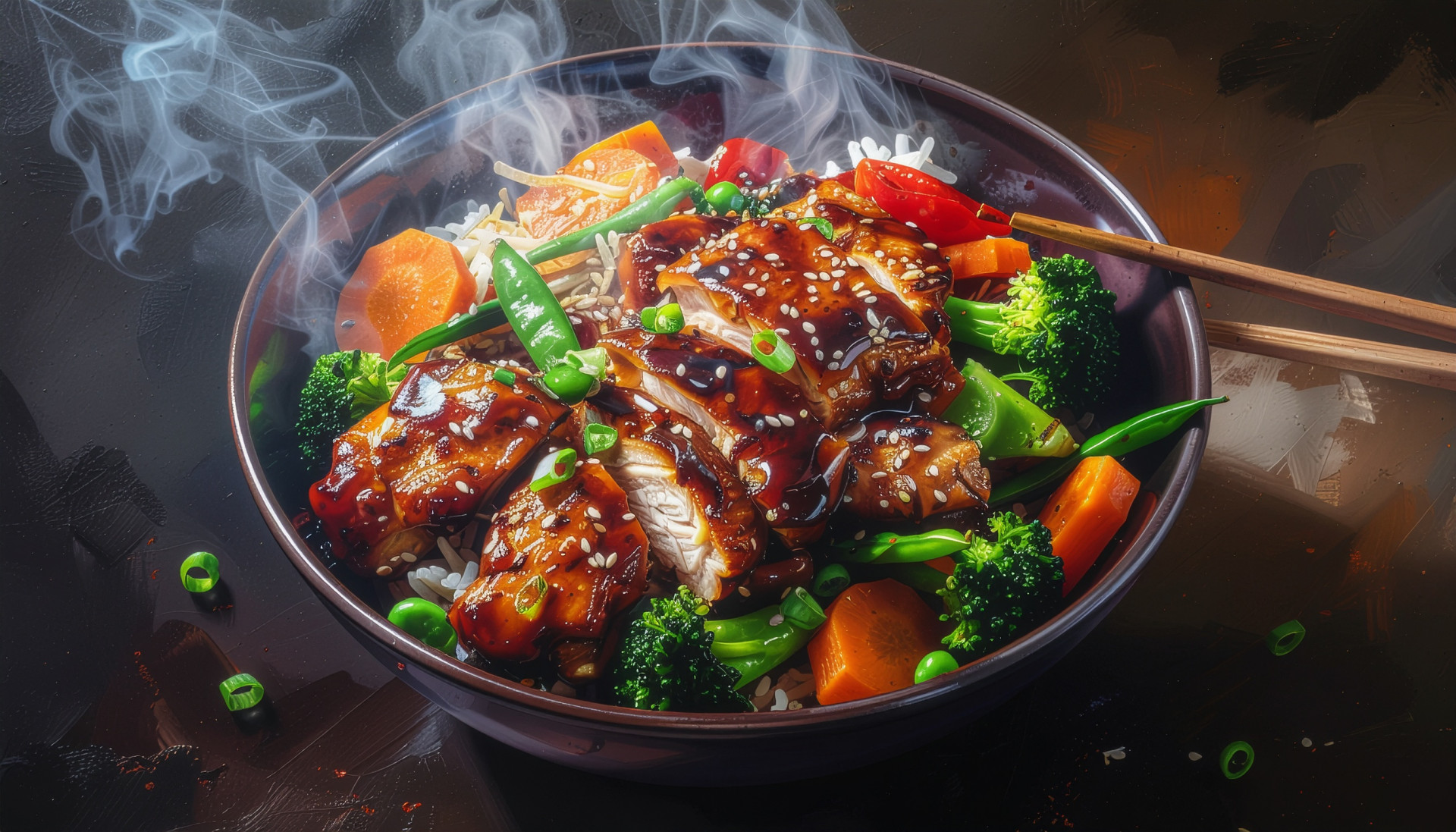 Teriyaki Chicken over rice with colorful stir fry vegetables