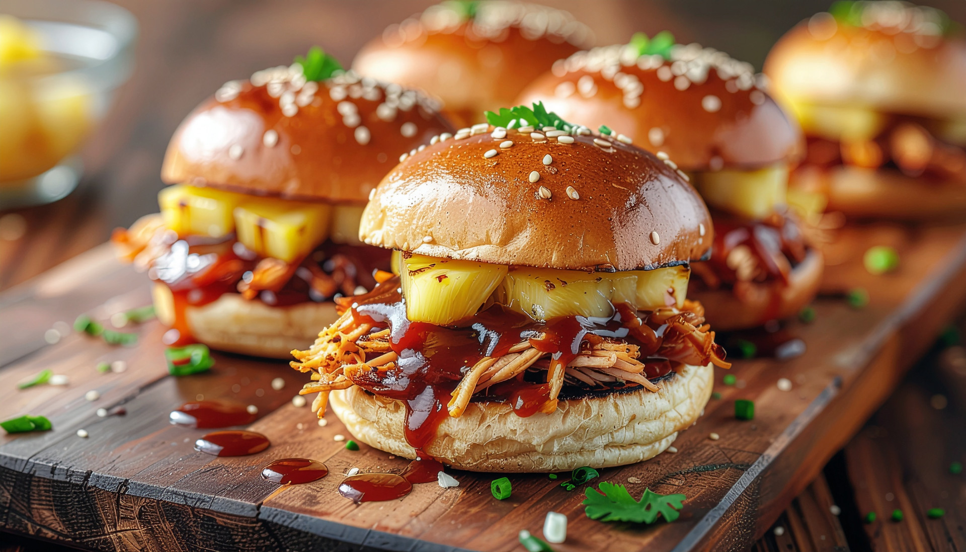 Hawaiian BBQ Chicken Sliders on golden rolls with caramelized pineapple