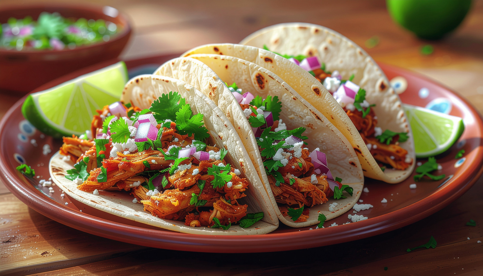 Salsa Chicken Tacos with fresh toppings on soft tortillas