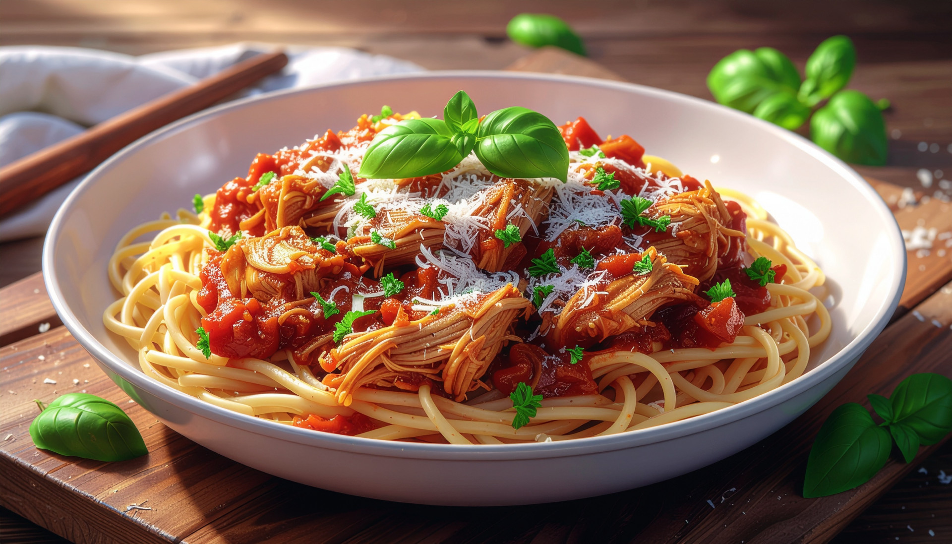 Chicken Cacciatore over pasta with bell peppers and onions in tomato sauce