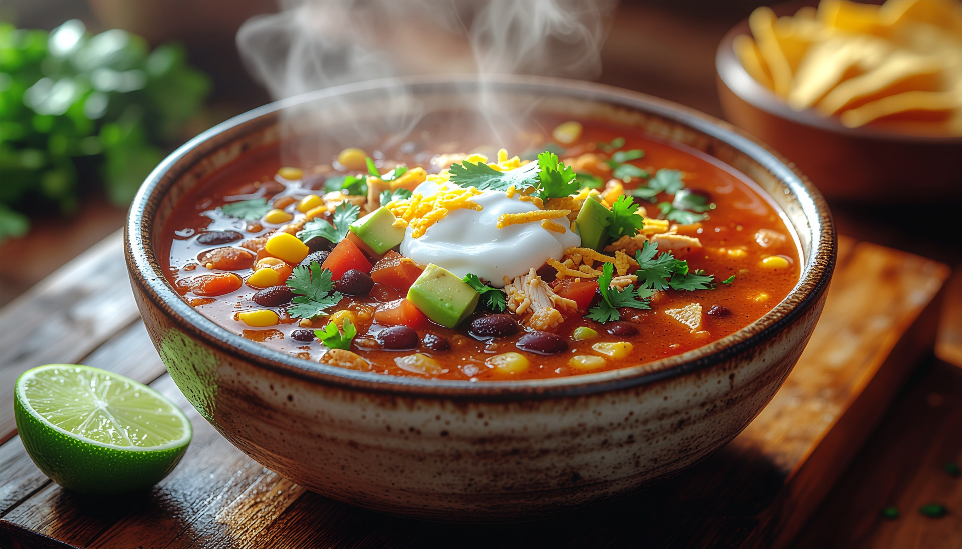 Chicken Taco Soup in a rustic bowl with avocado, sour cream, and tortilla chips