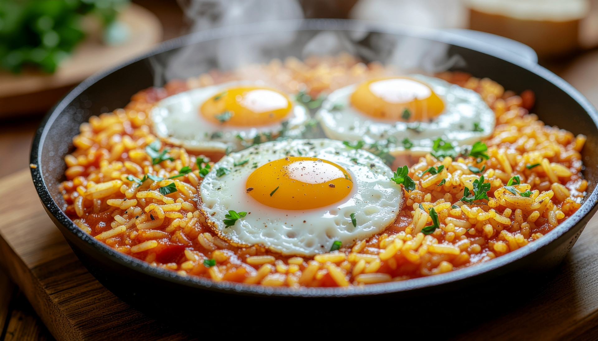 Spanish-Style Tomato Rice and Eggs - Rice cooked in tomato broth with eggs on top