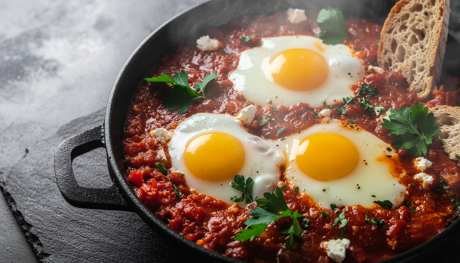 Savory Shakshuka Eggs - Eggs poached in tomato sauce with onions
