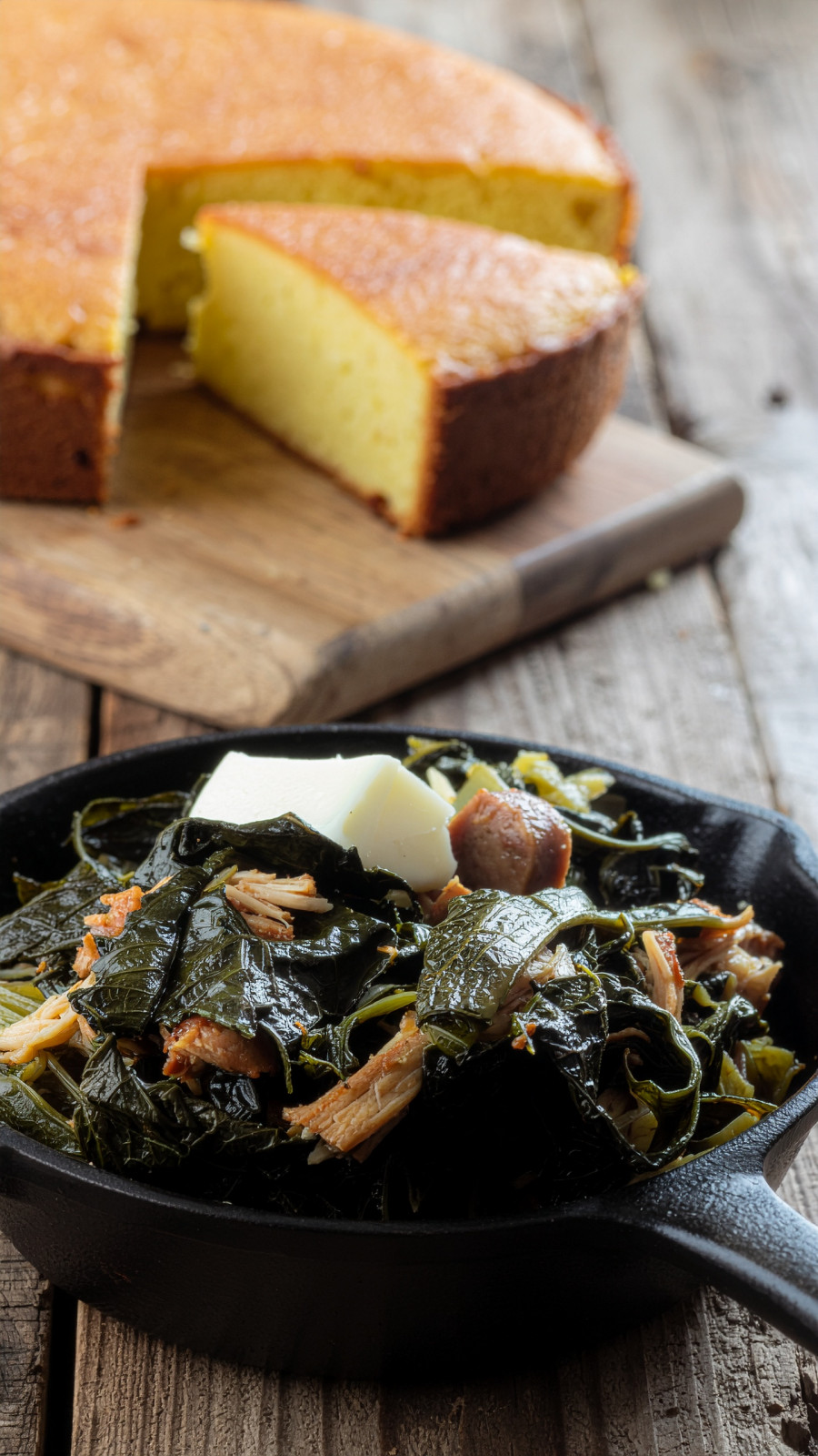 Cajun Gumbo Collard Greens and Honey Butter Cornbread