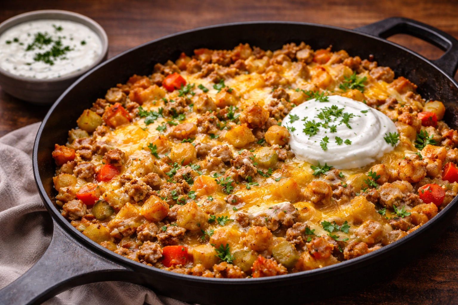 Cheesy Turkey + Crispy Potato Skillet