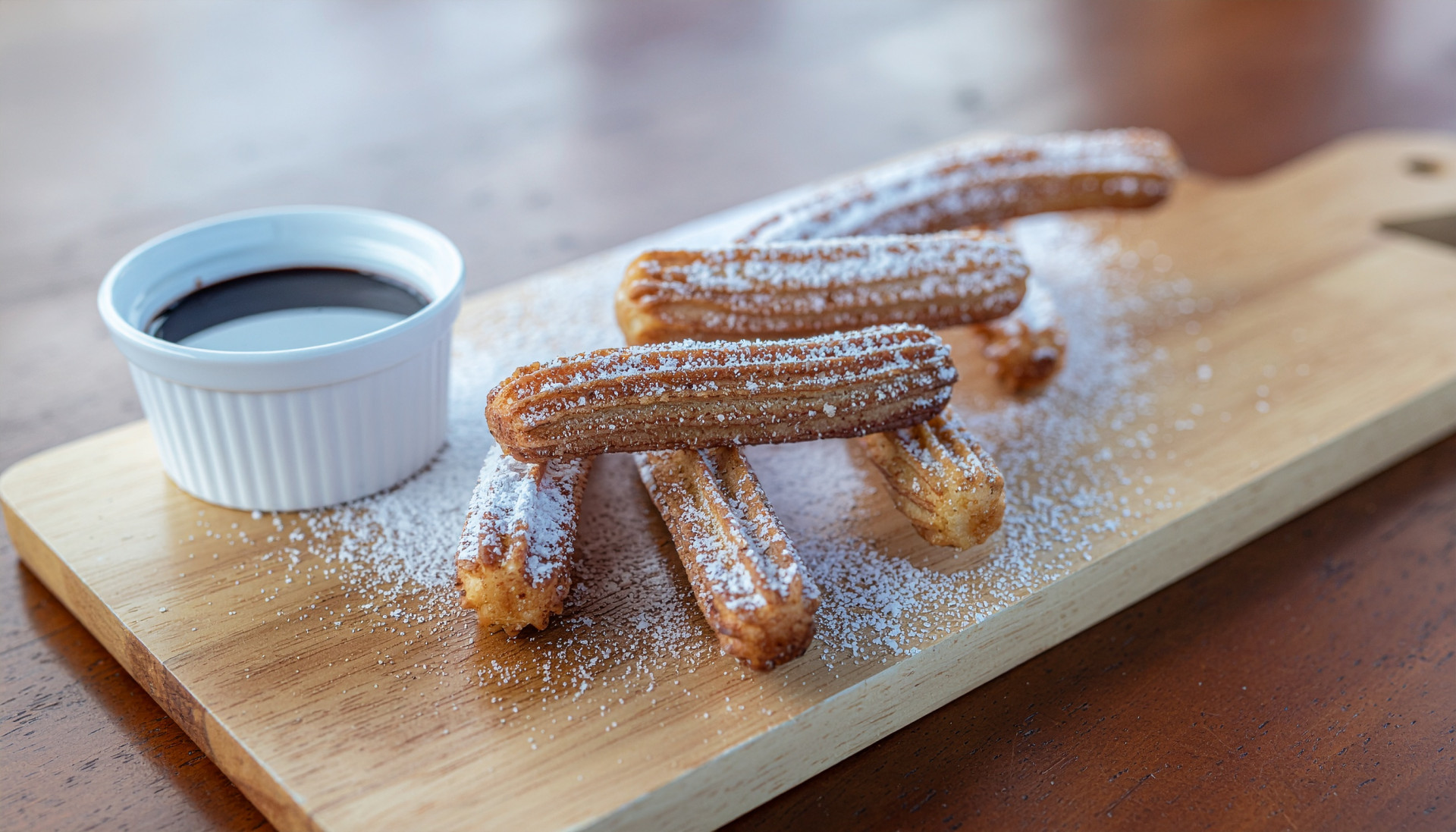 Baked Cinnamon Churros with Dark Chocolate Dip