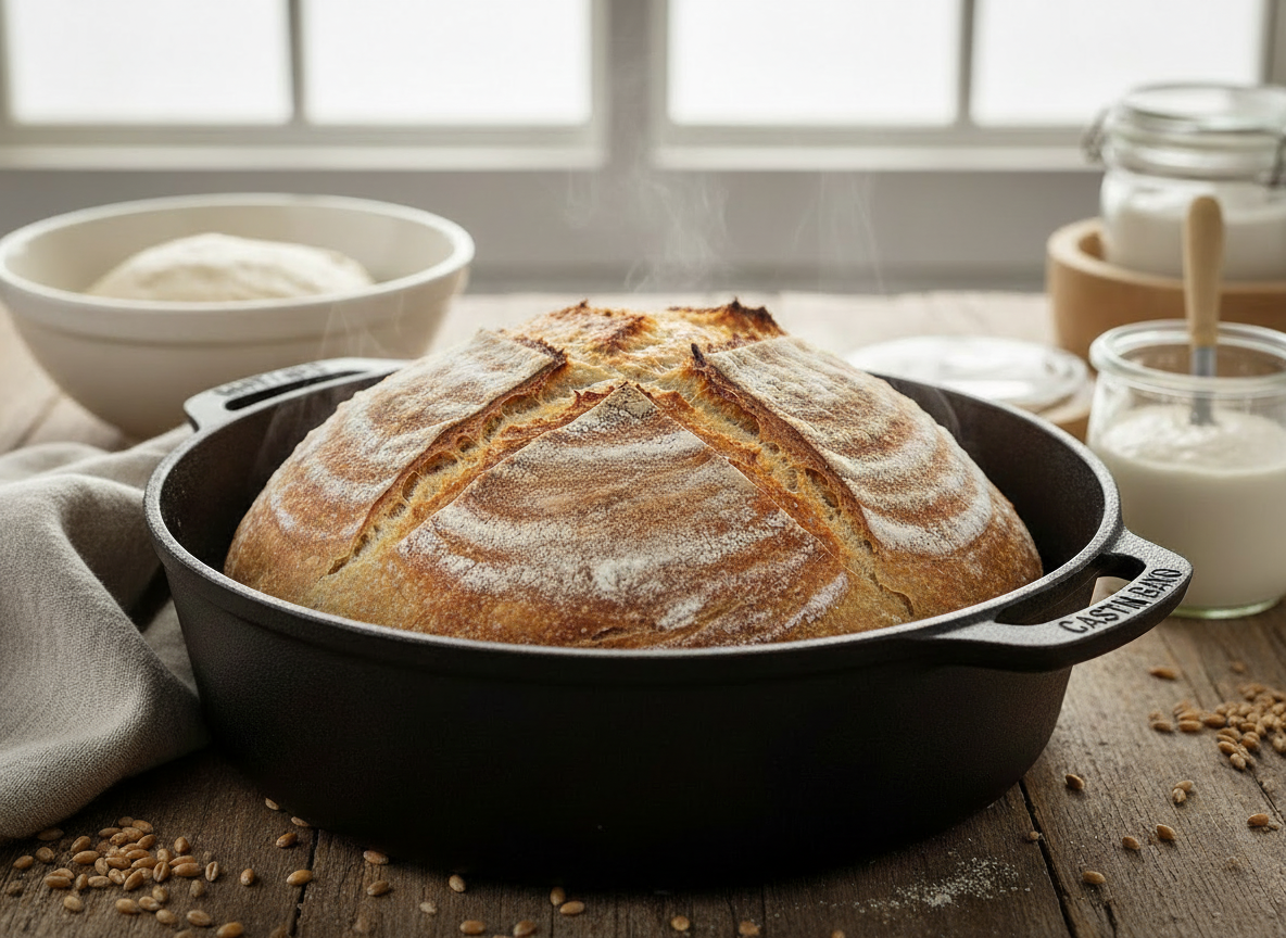 No-Knead Rustic Cast Iron Sourdough