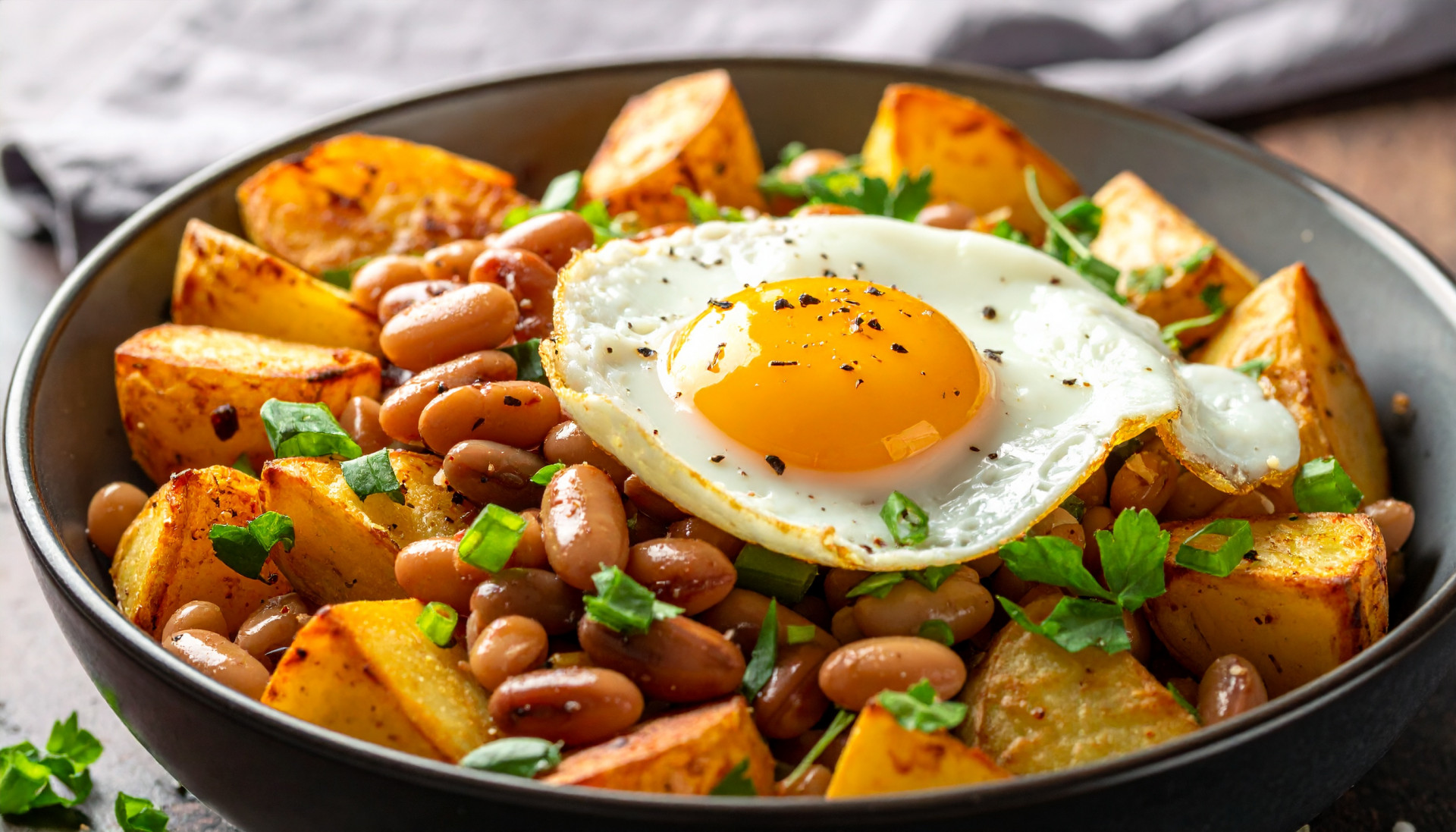 Roasted Potatoes Beans Egg Bowl