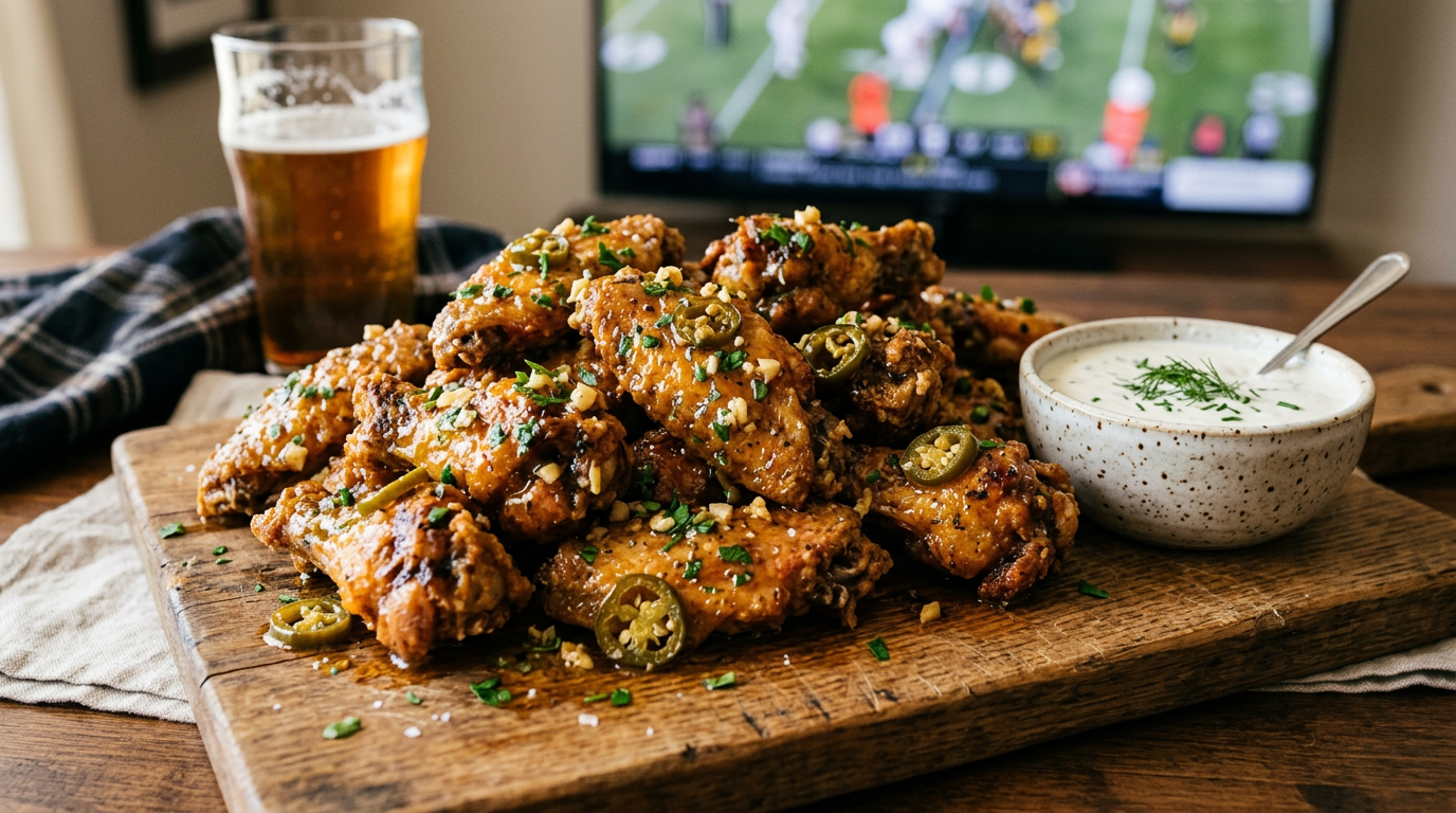 Lemon Pepper Chicken Wings with Garlic Jalapeno Sauce