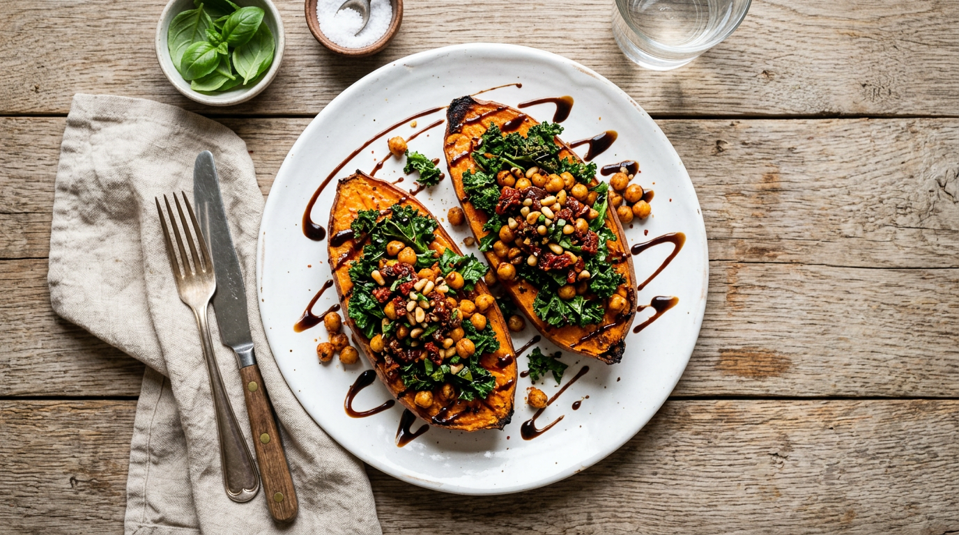 Sweet Potatoes with Sun Dried Tomato-Date-Basil Crumble