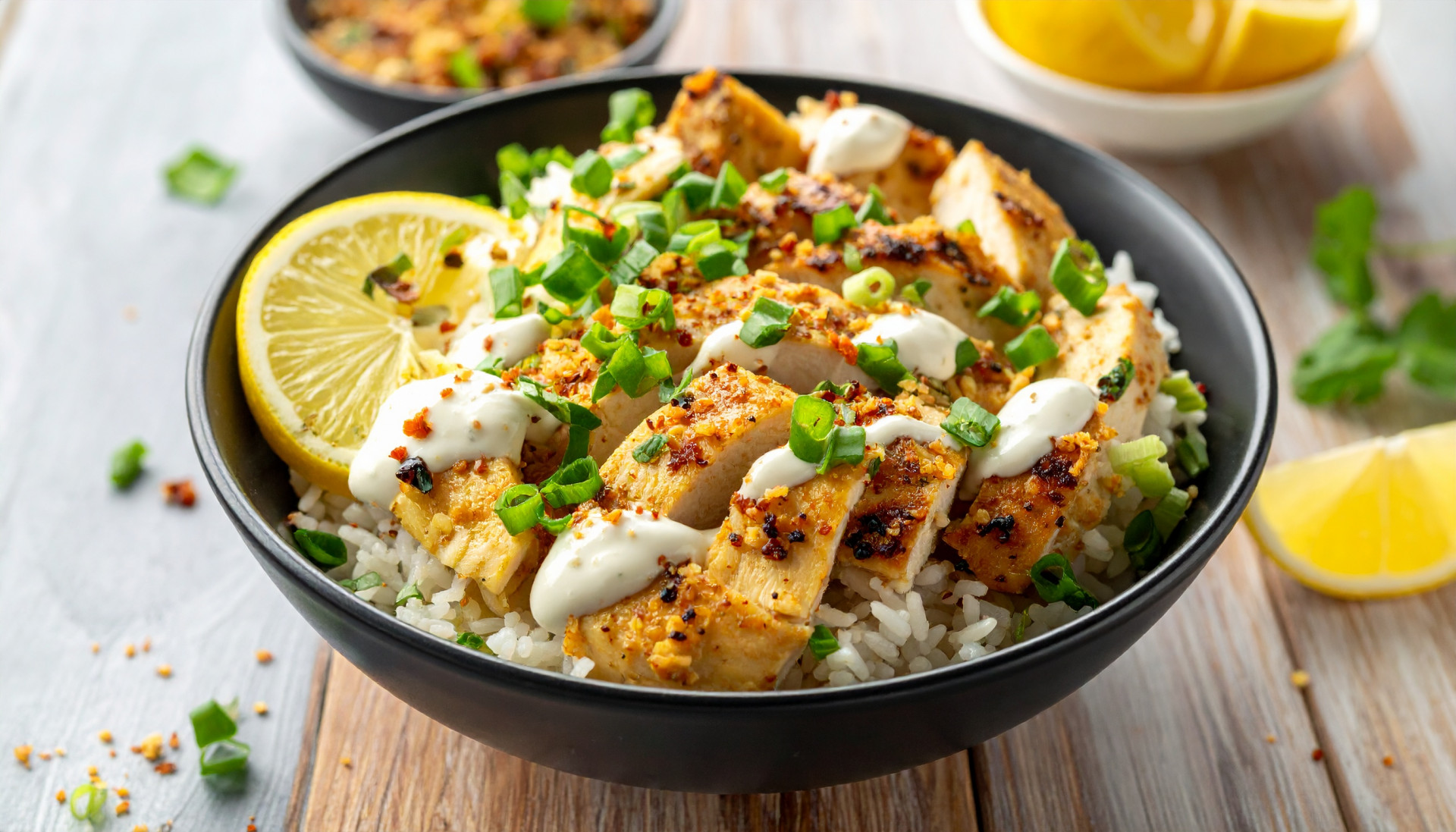 Golden Garlic Chicken Rice Bowl Lemon Yogurt Drizzle