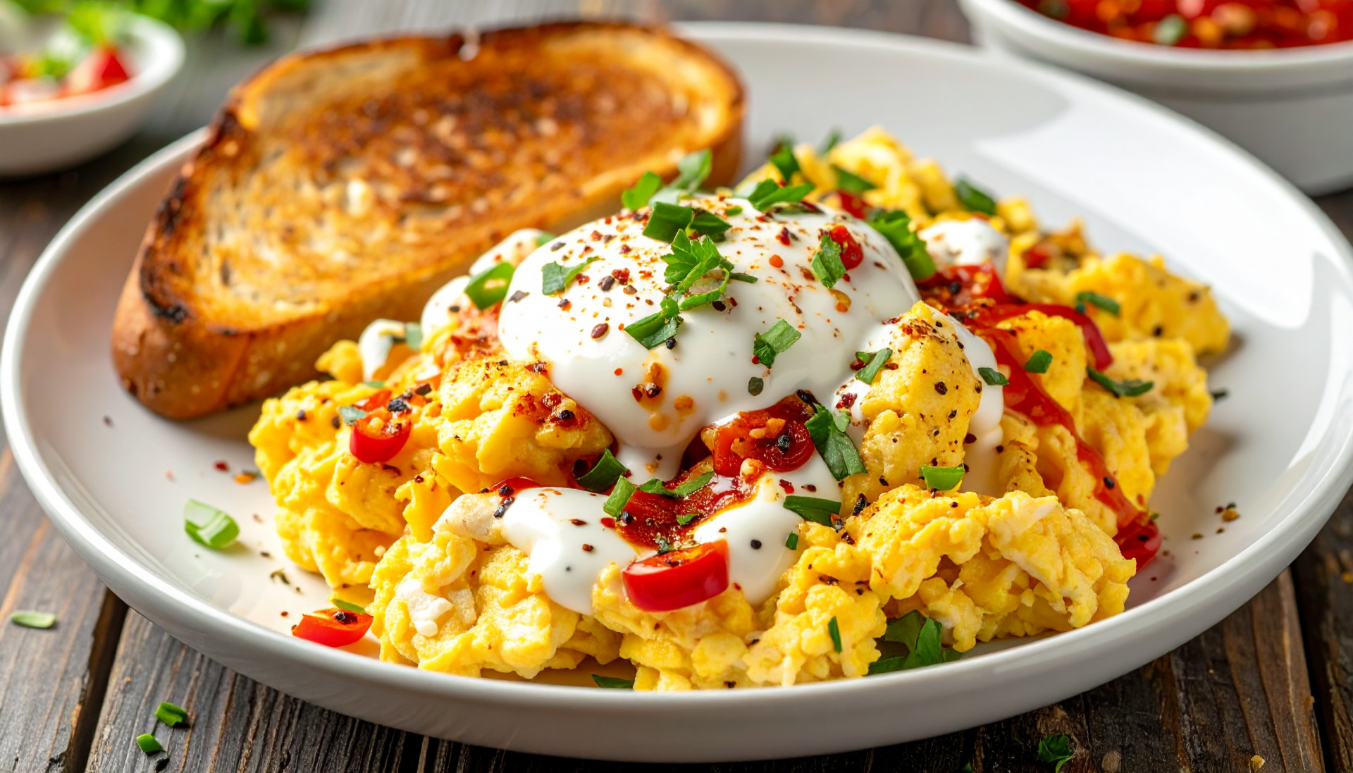 Soft Egg Scramble Chili Yogurt Drizzle Toast