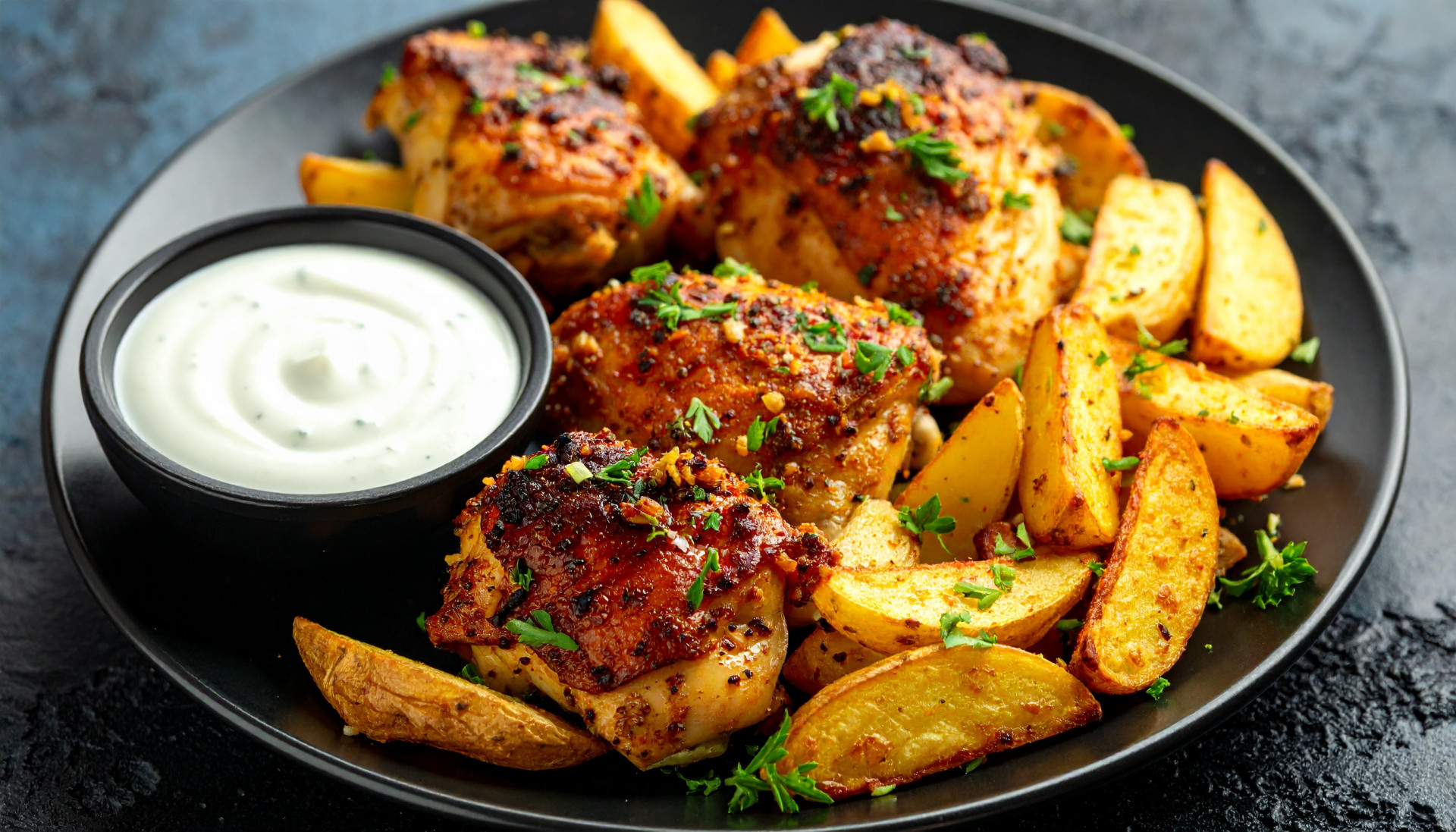 Golden Garlic Chicken Crispy Potatoes Yogurt Sauce