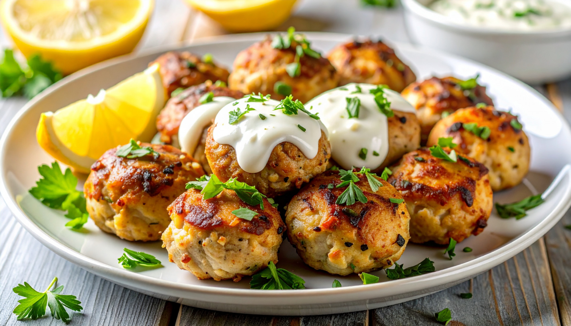 Seared Turkey Meatballs Lemon Yogurt Drizzle