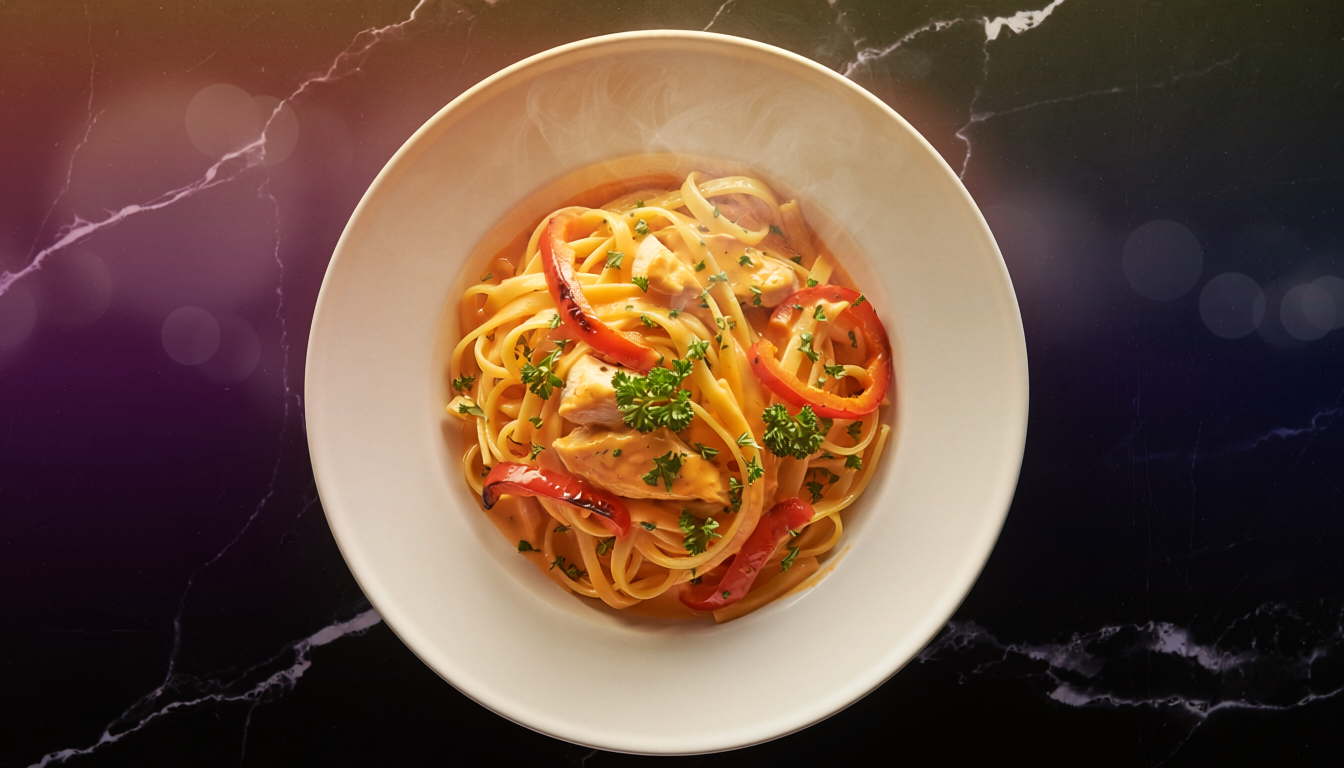 Creamy Cheddar & Roasted Pepper Chicken Linguine