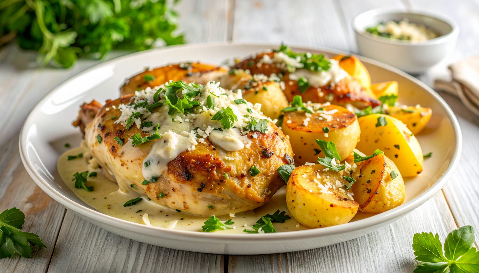 Creamy Tuscan Chicken with Garlic Parmesan Potatoes