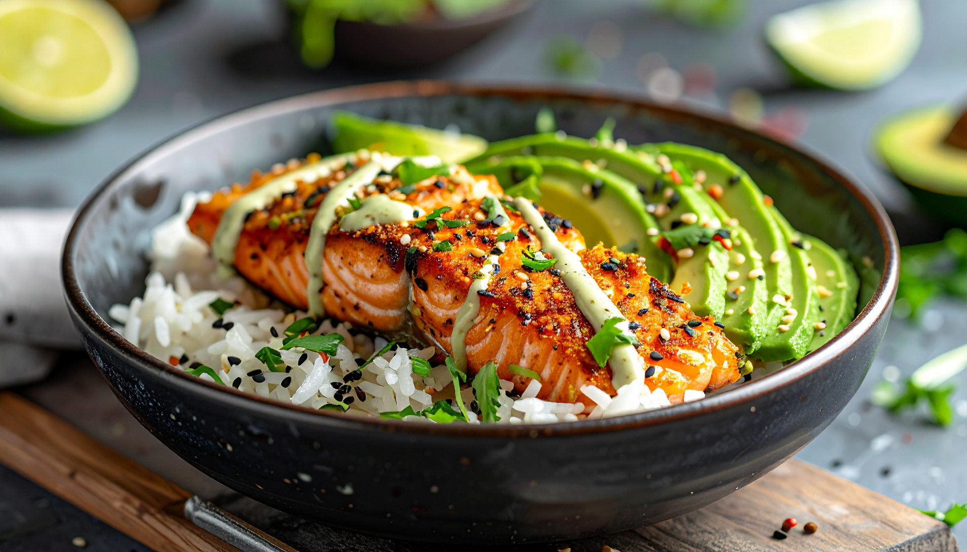Crispy Salmon Rice Bowl with Avocado Lime Crema