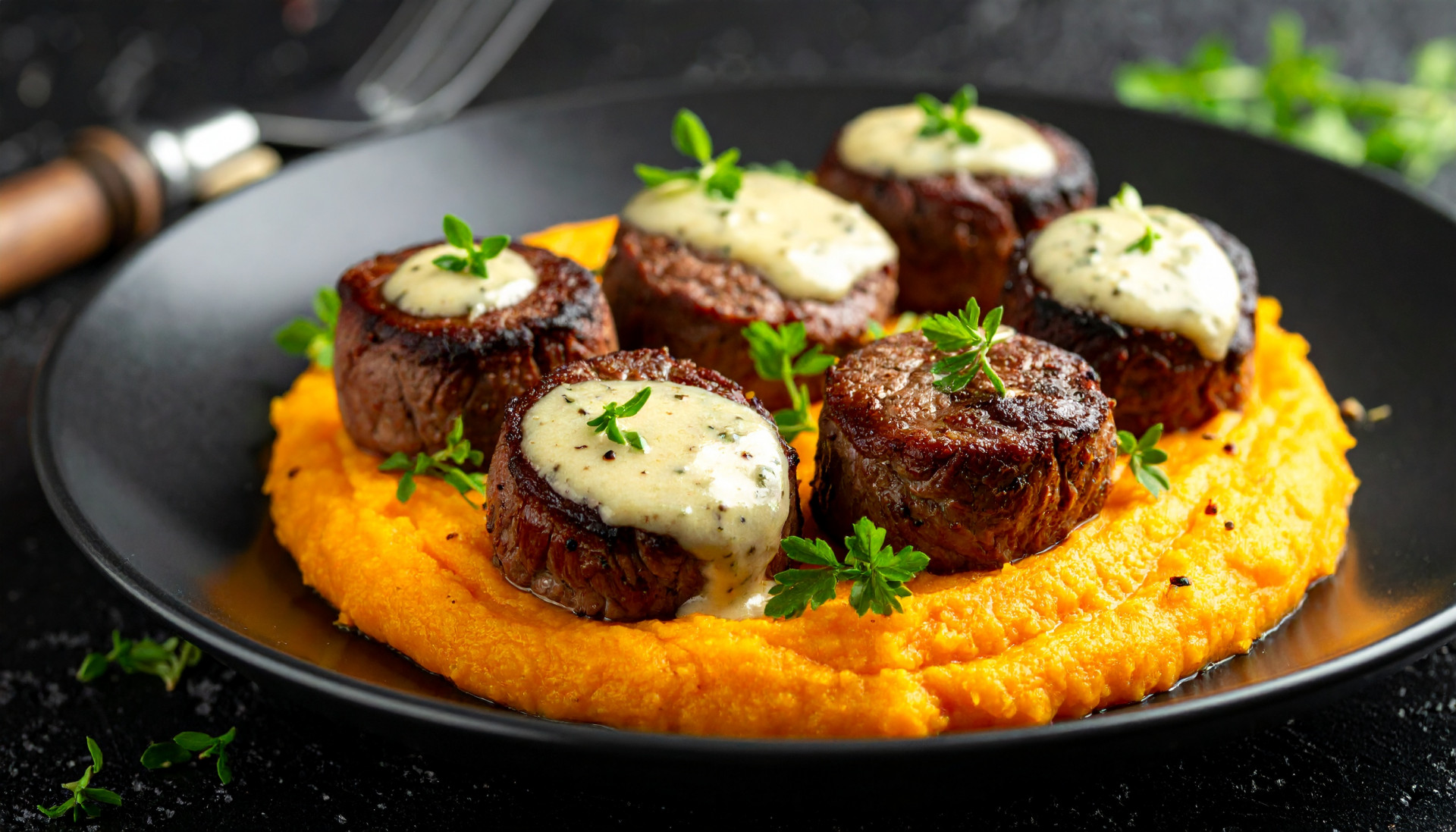 Garlic Butter Steak Bites with Sweet Potato Mash