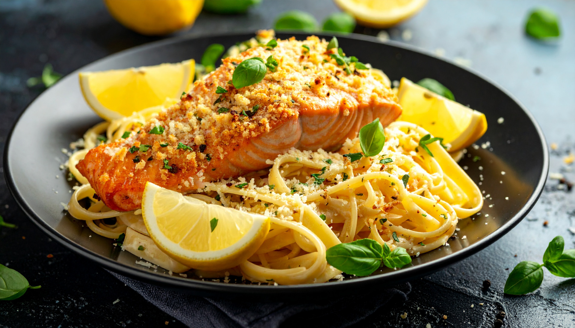 Creamy Lemon Garlic Pasta with Crispy Parmesan Salmon