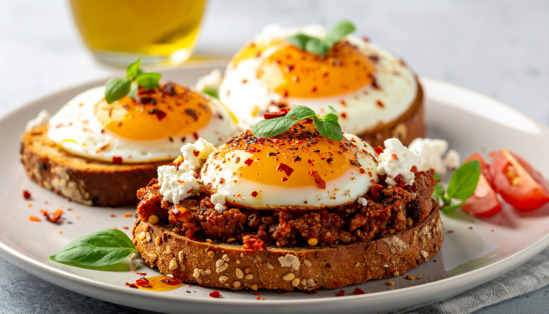 Chili Oil Eggs Feta Toast