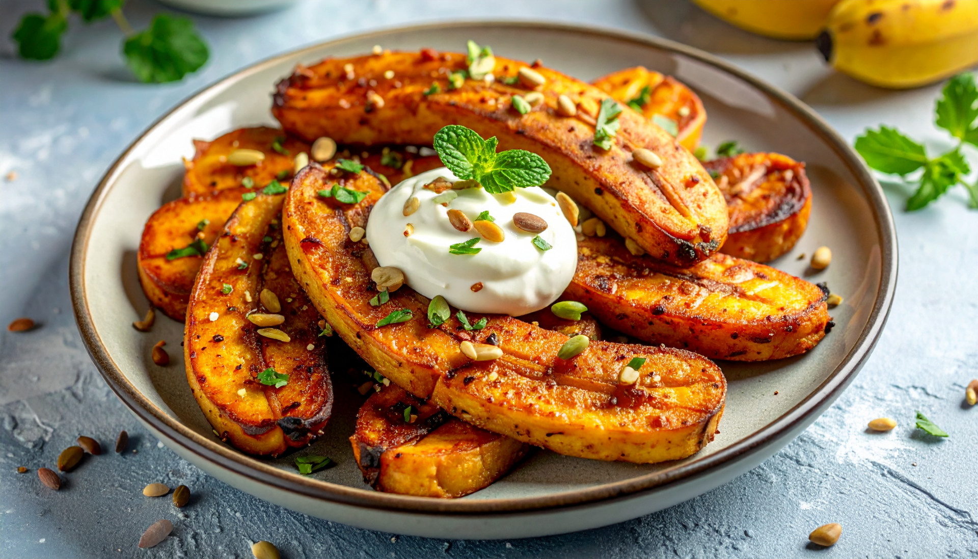 Air Fryer Cinnamon Plantains with Greek Yogurt & Pepitas