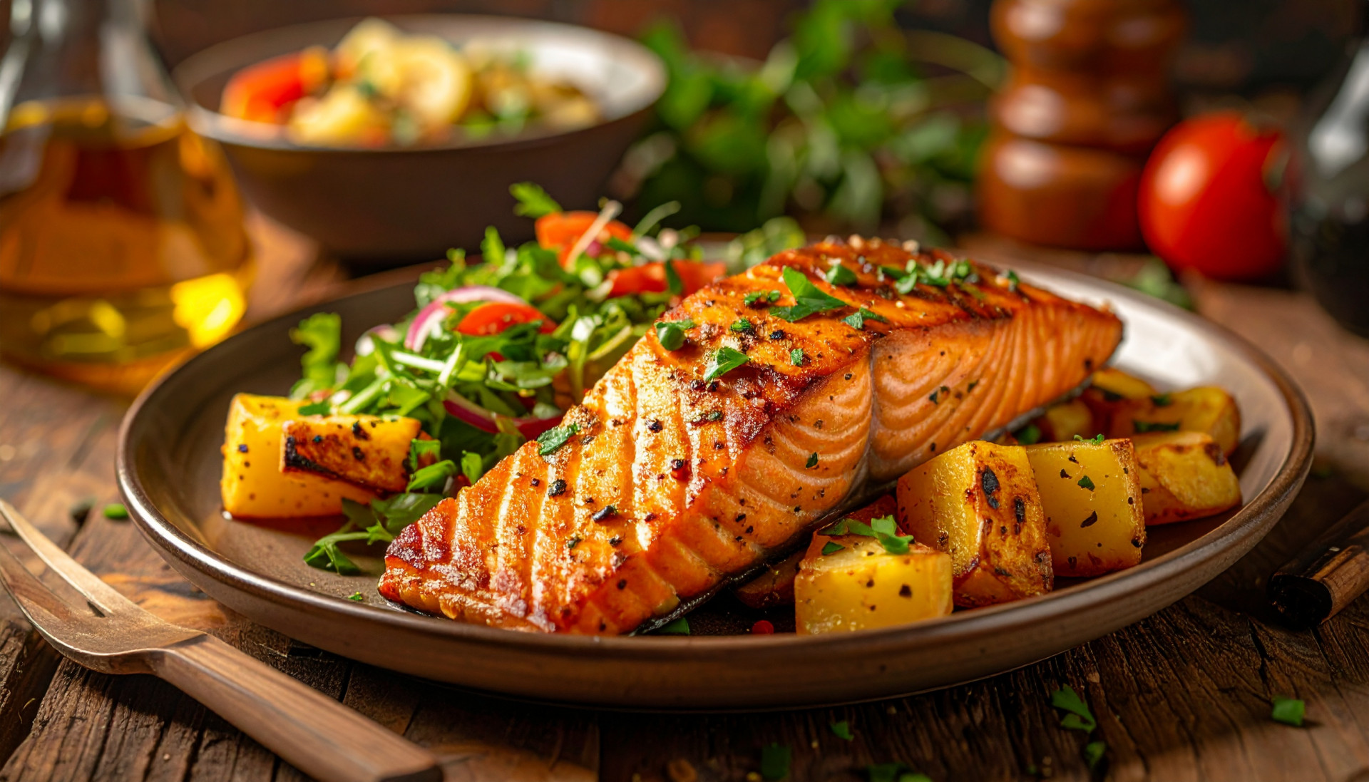 Smoky Peruvian Salmon with Crispy Potatoes & Herb Salad