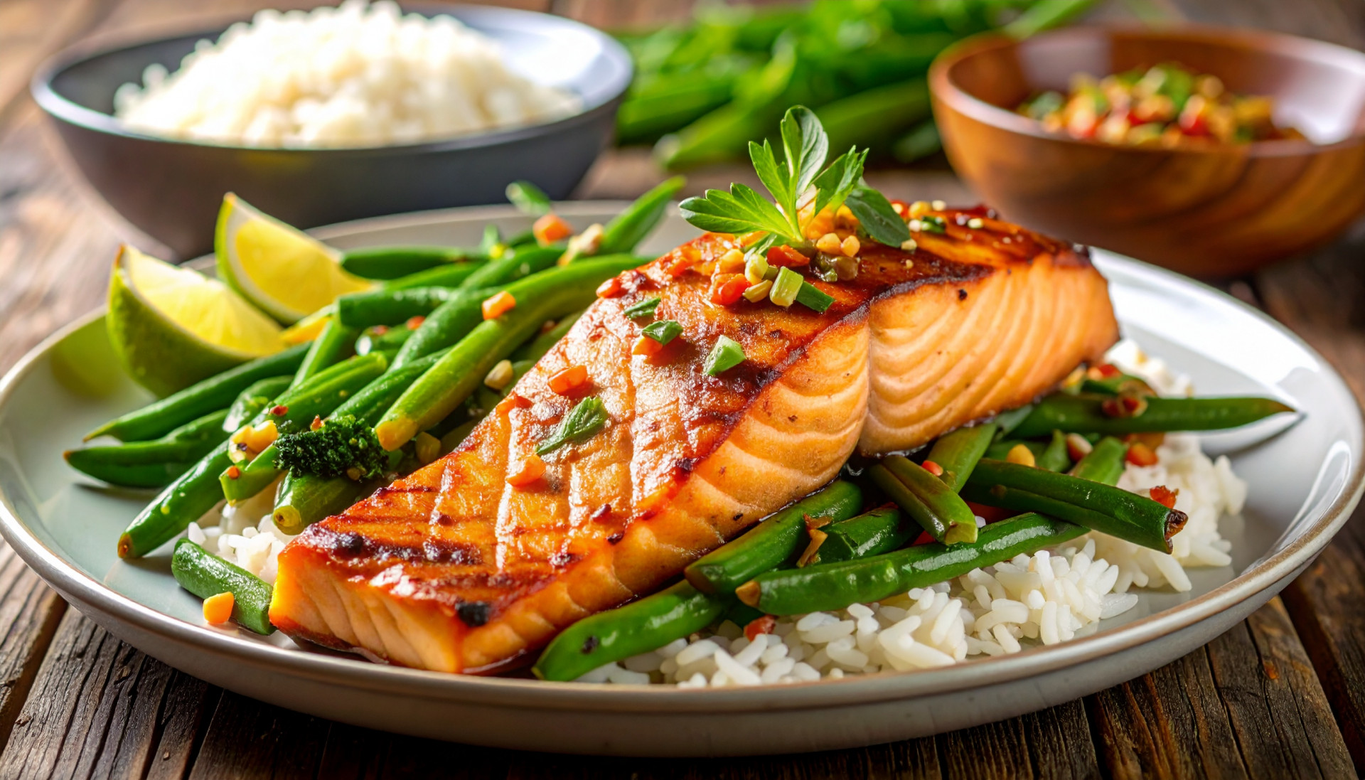 Filipino BBQ Salmon with Garlic Green Beans & Coconut Rice