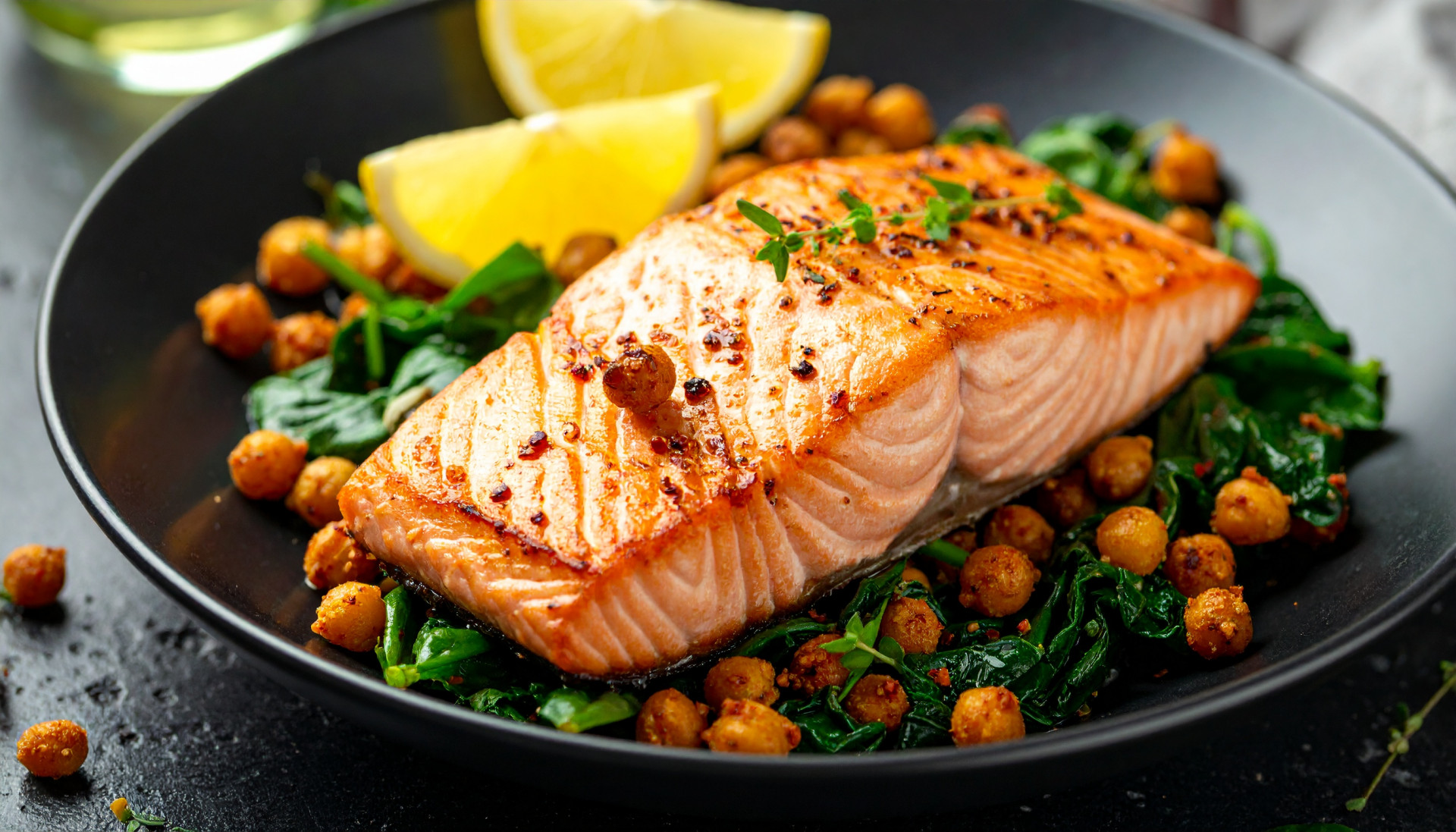 Harissa Salmon with Crispy Chickpeas & Lemon Herb Spinach