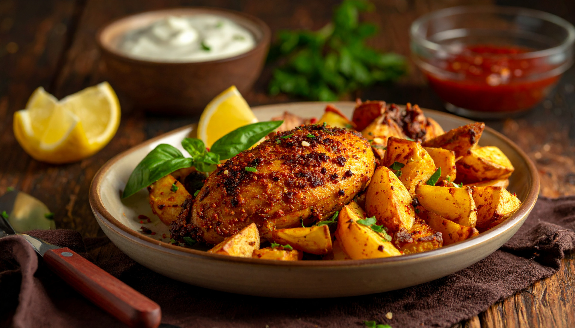 Sumac Chicken with Crispy Potatoes & Lemon Yogurt
