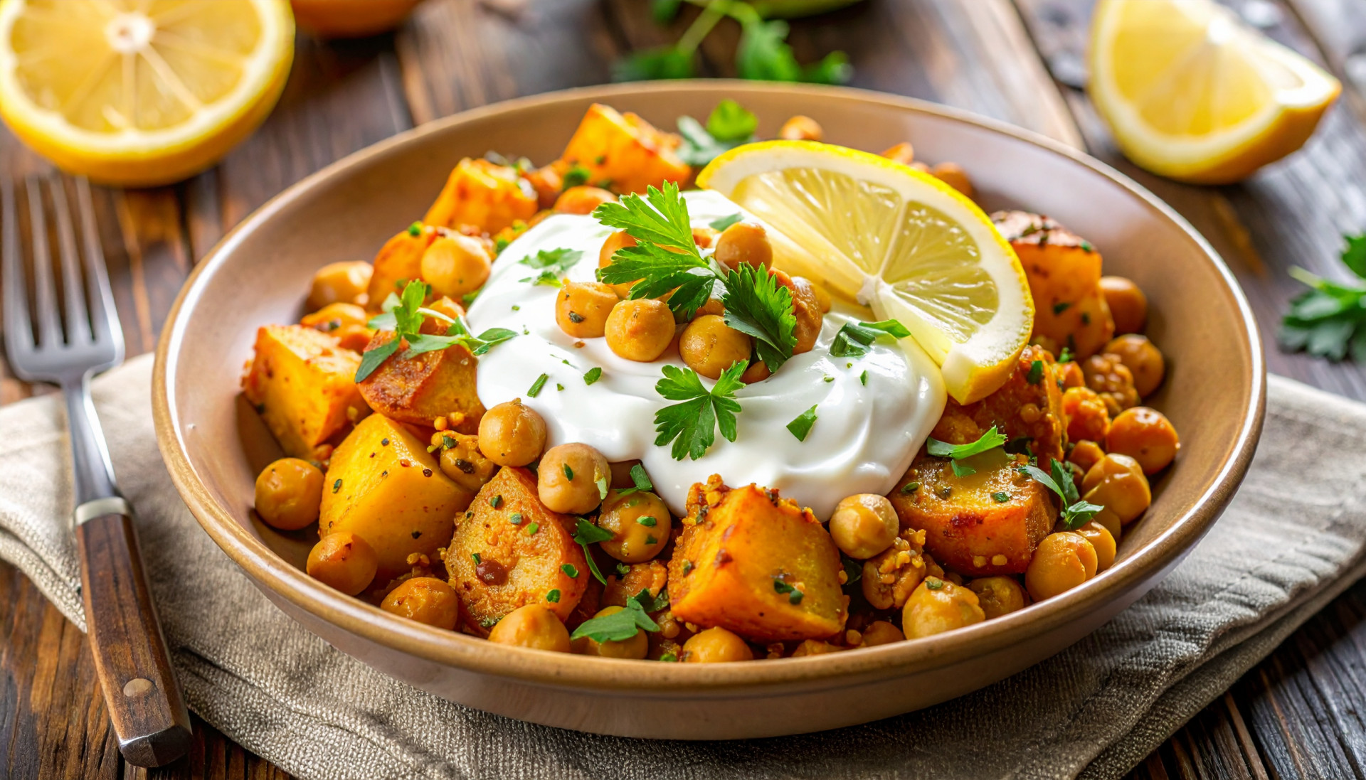 Curried Potatoes & Chickpeas with Lemon Yogurt
