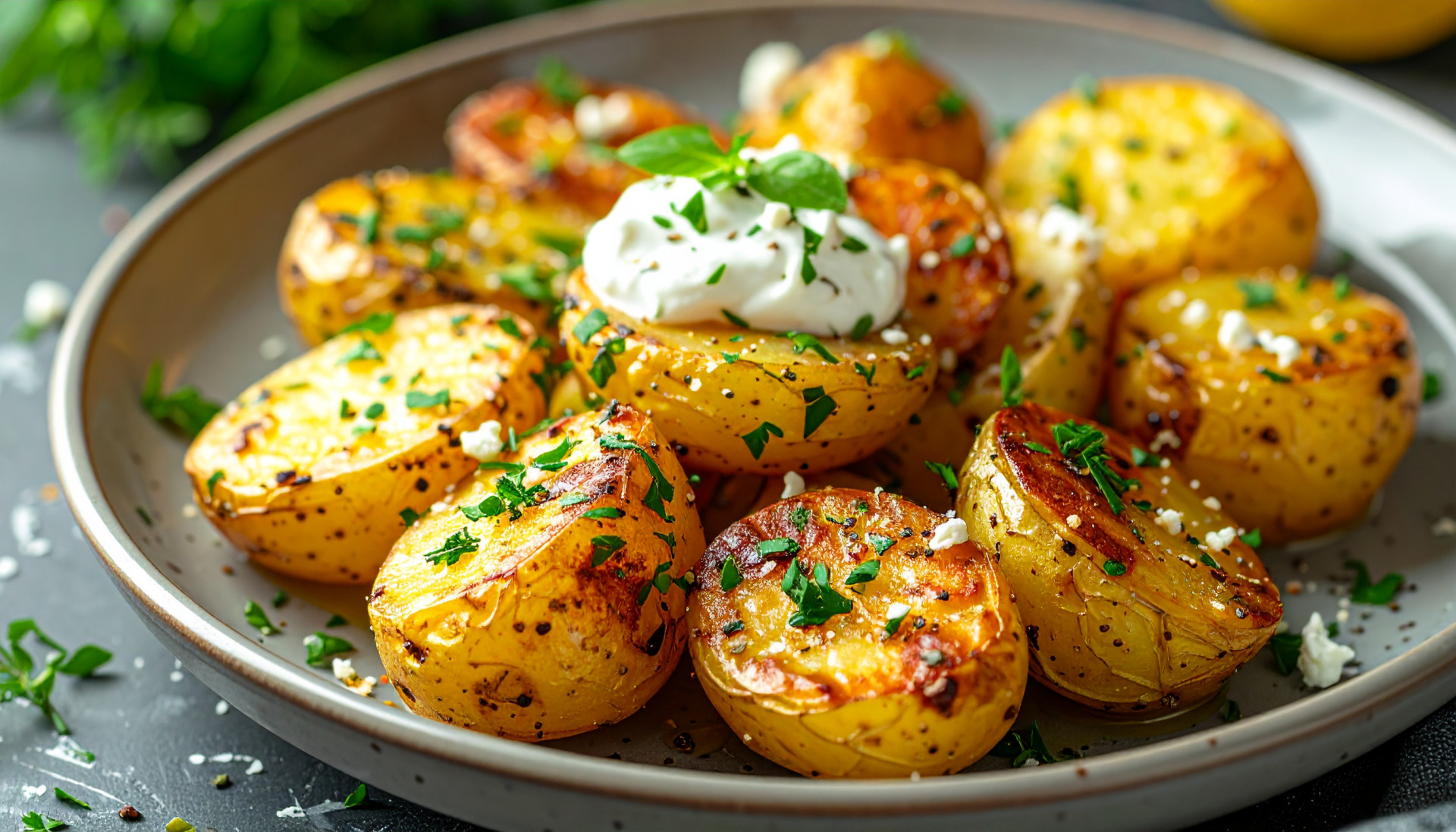 Roasted Greek Lemon Potatoes with Feta & Garlic Yogurt