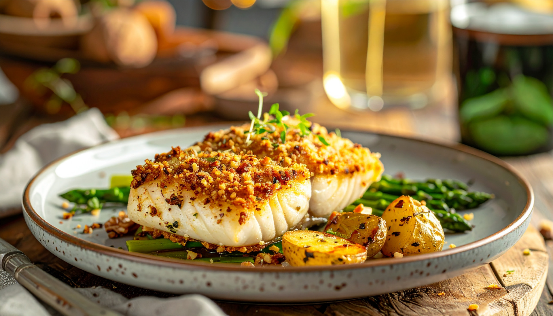 Walnut Crusted Cod with Asparagus & Fingerling Potatoes