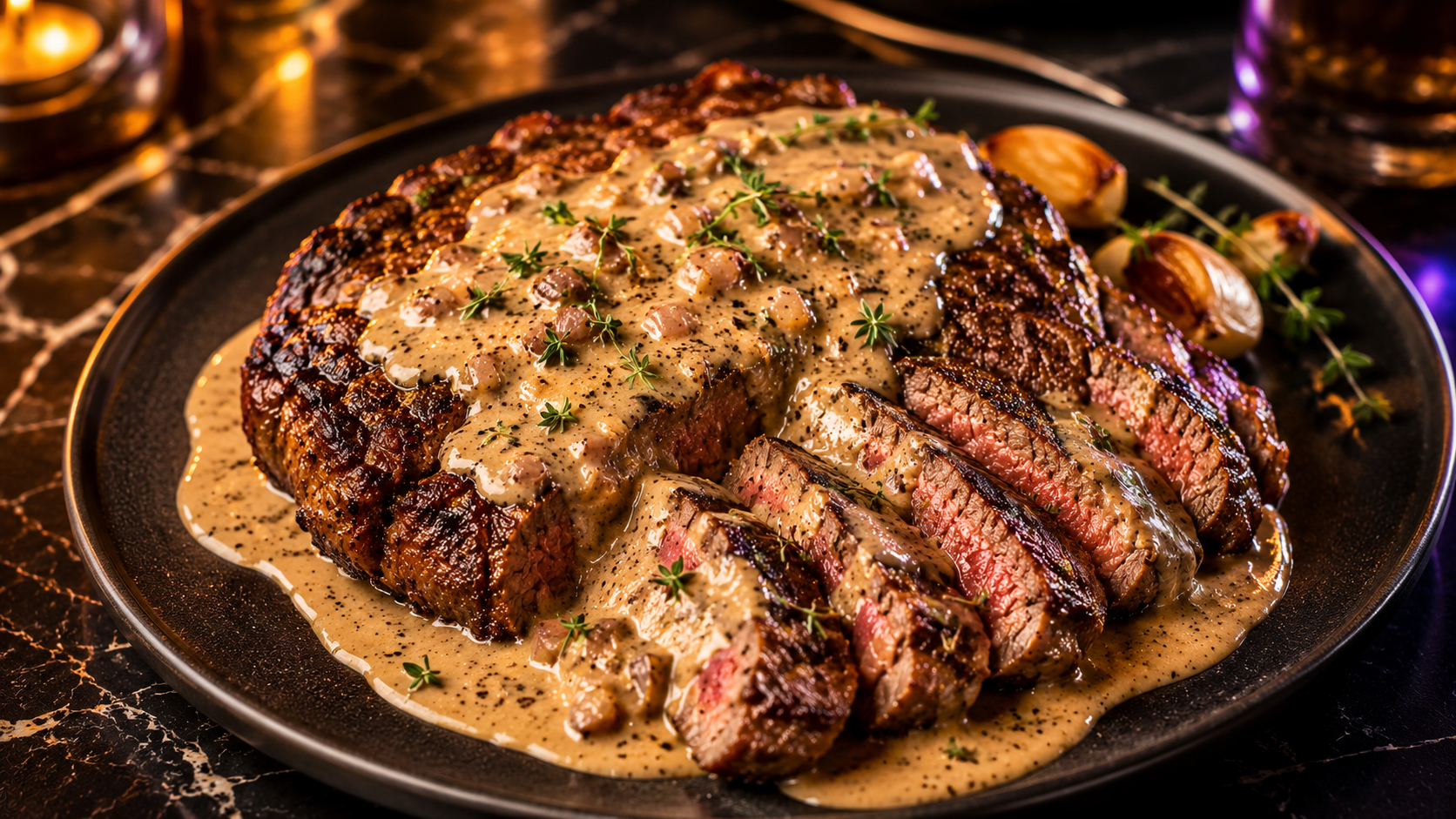 French Seared Steak with Cognac Cream Sauce