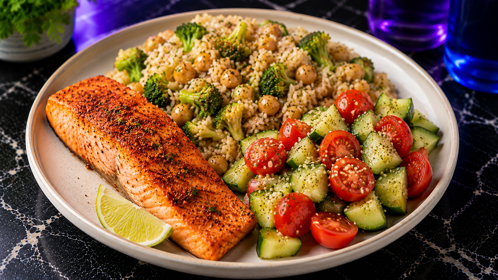 Chili Lime Salmon with Chickpea Broccoli Rice