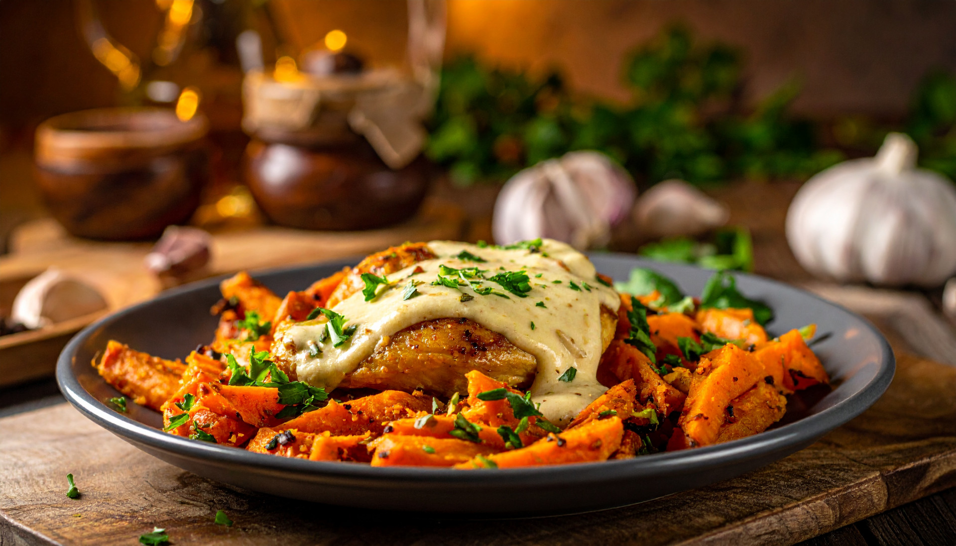 Creamy Garlic Chicken Sweet Potato Plate