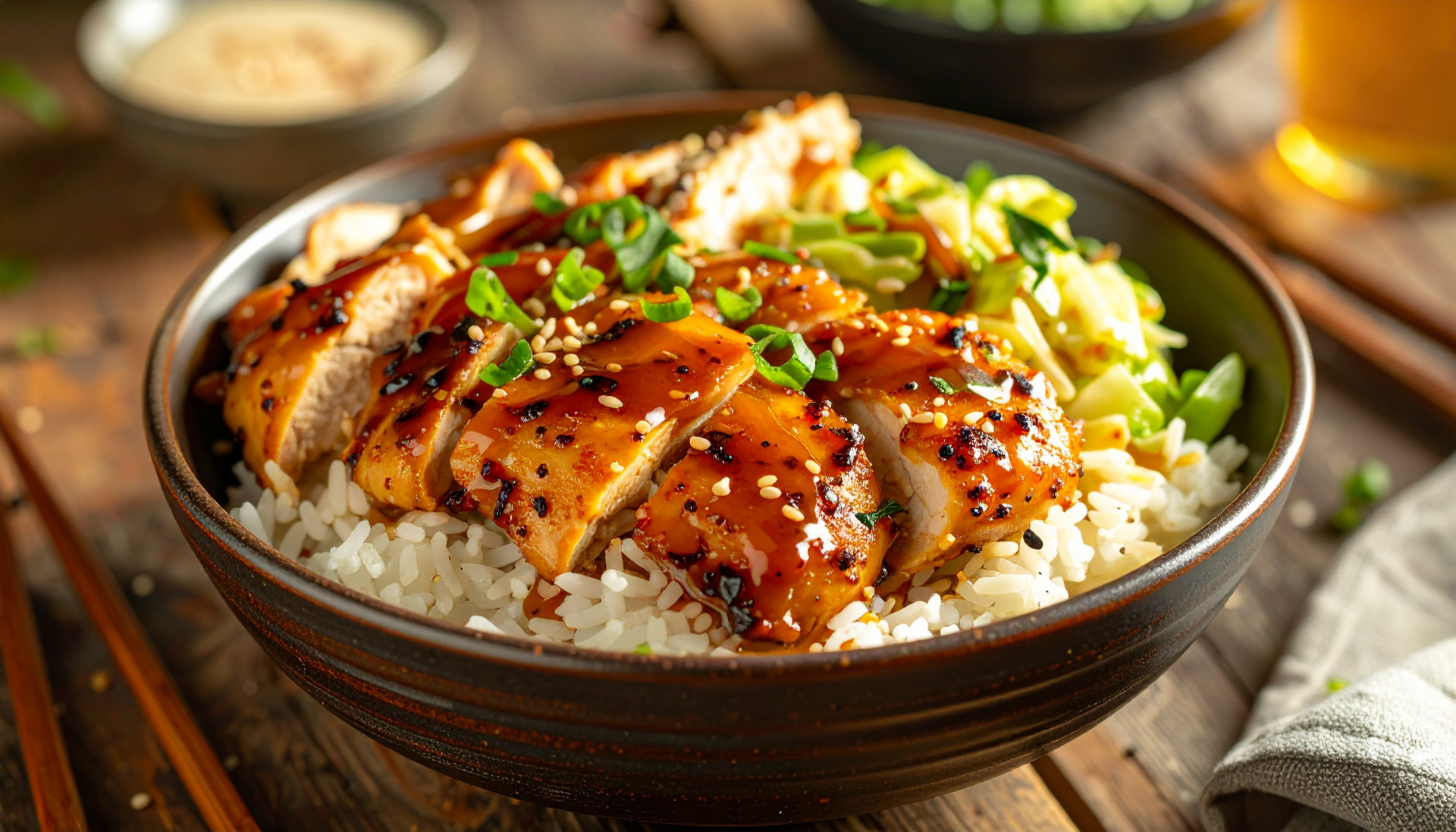 Sticky Honey Garlic Chicken Rice Bowl