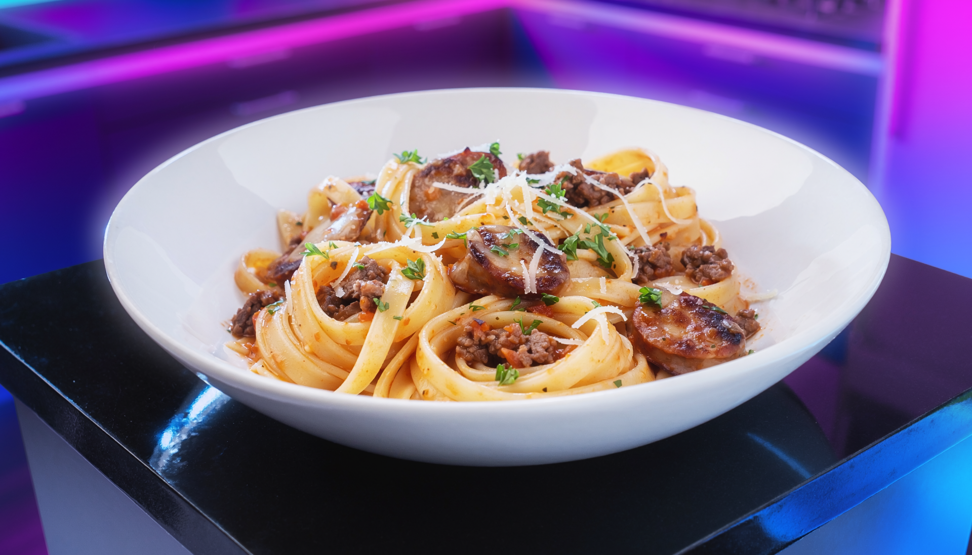 Garlic Butter Linguine with Cheesy Beef and Italian Sausage