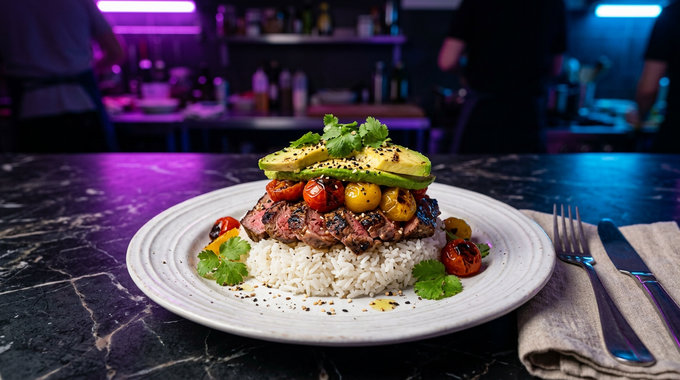 Grilled Steak & Avocado Stack with Rice