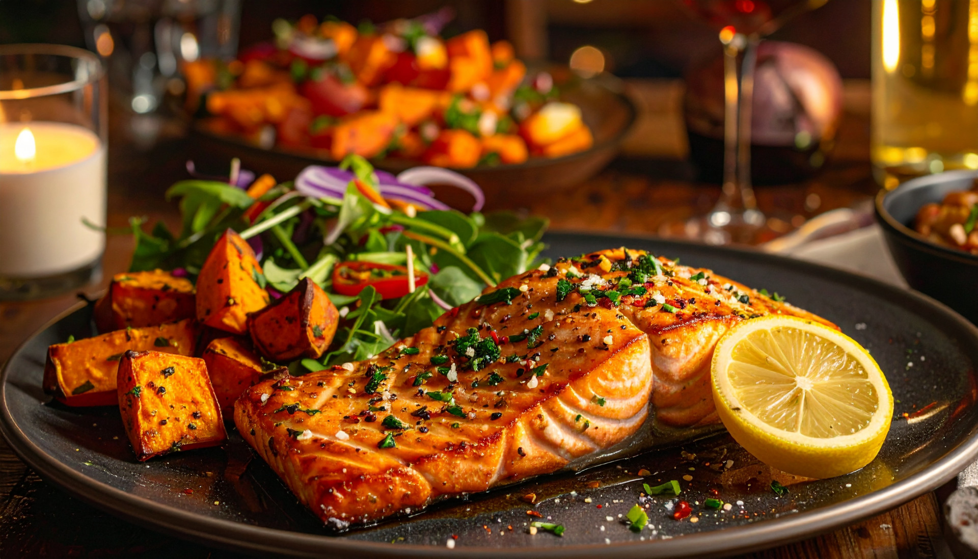 Lemon Garlic Salmon with Roasted Sweet Potatoes