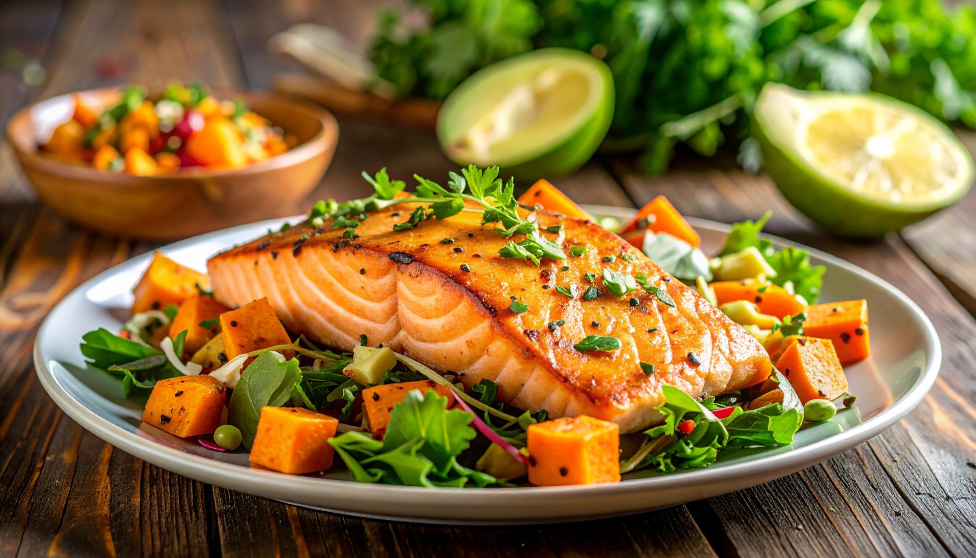 Garlic Herb Salmon with Warm Sweet Potato & Avocado Salad
